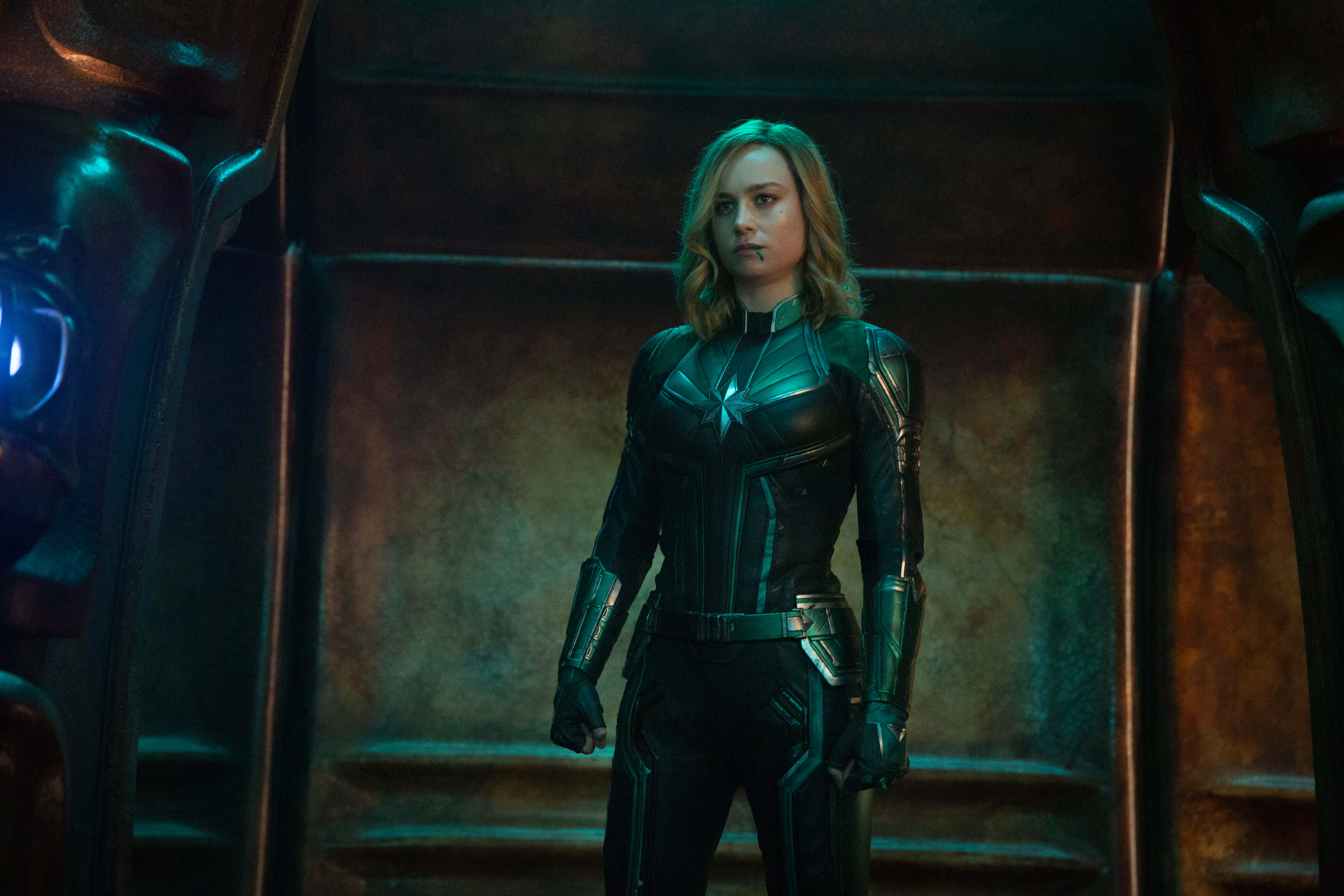 Captain Marvel, futuristic chamber, cool teal light, 5K Desktop Wallpaper