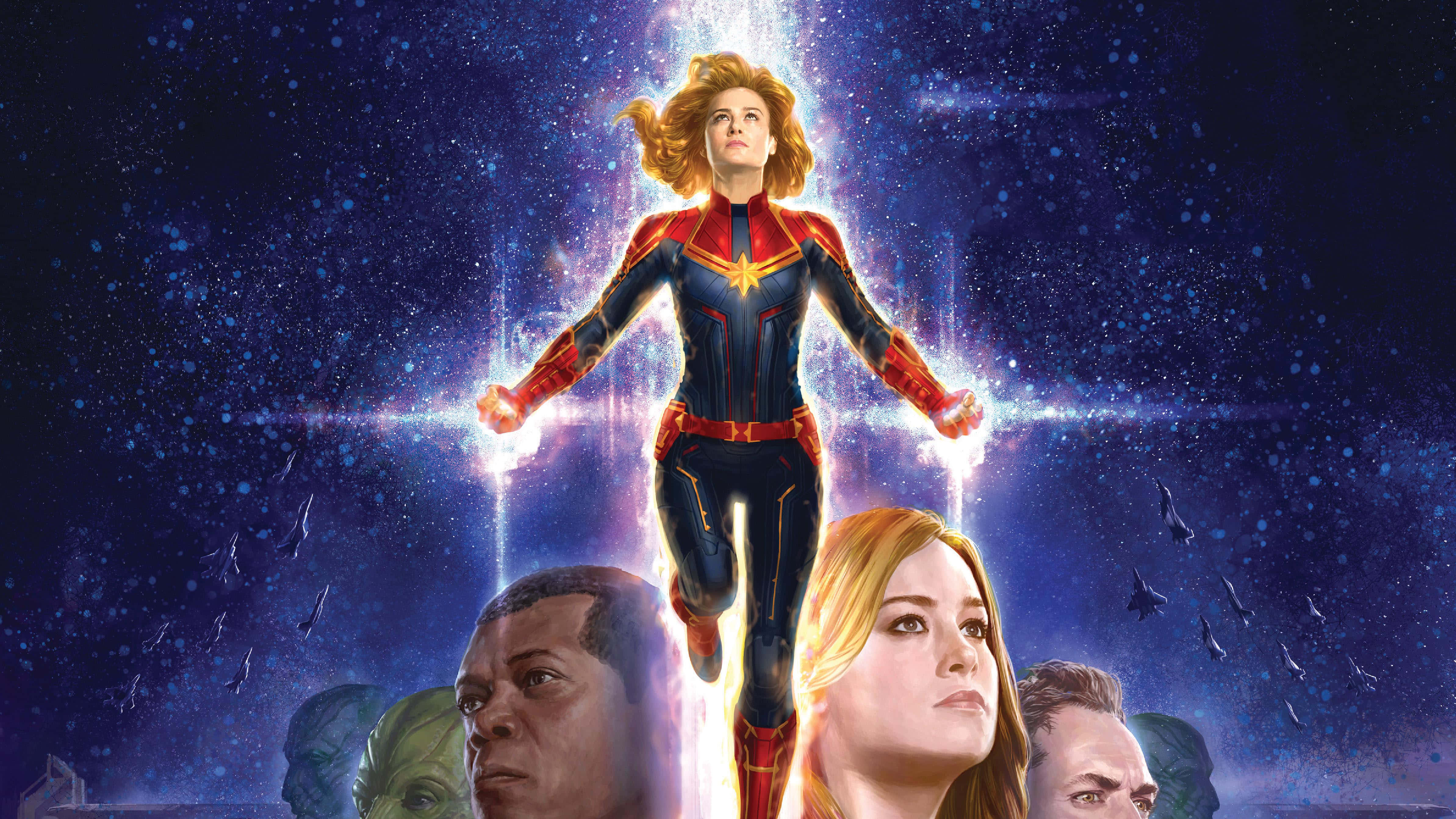 Captain Marvel, starry cosmic sky, glowing energy beams, 4K Desktop Wallpaper