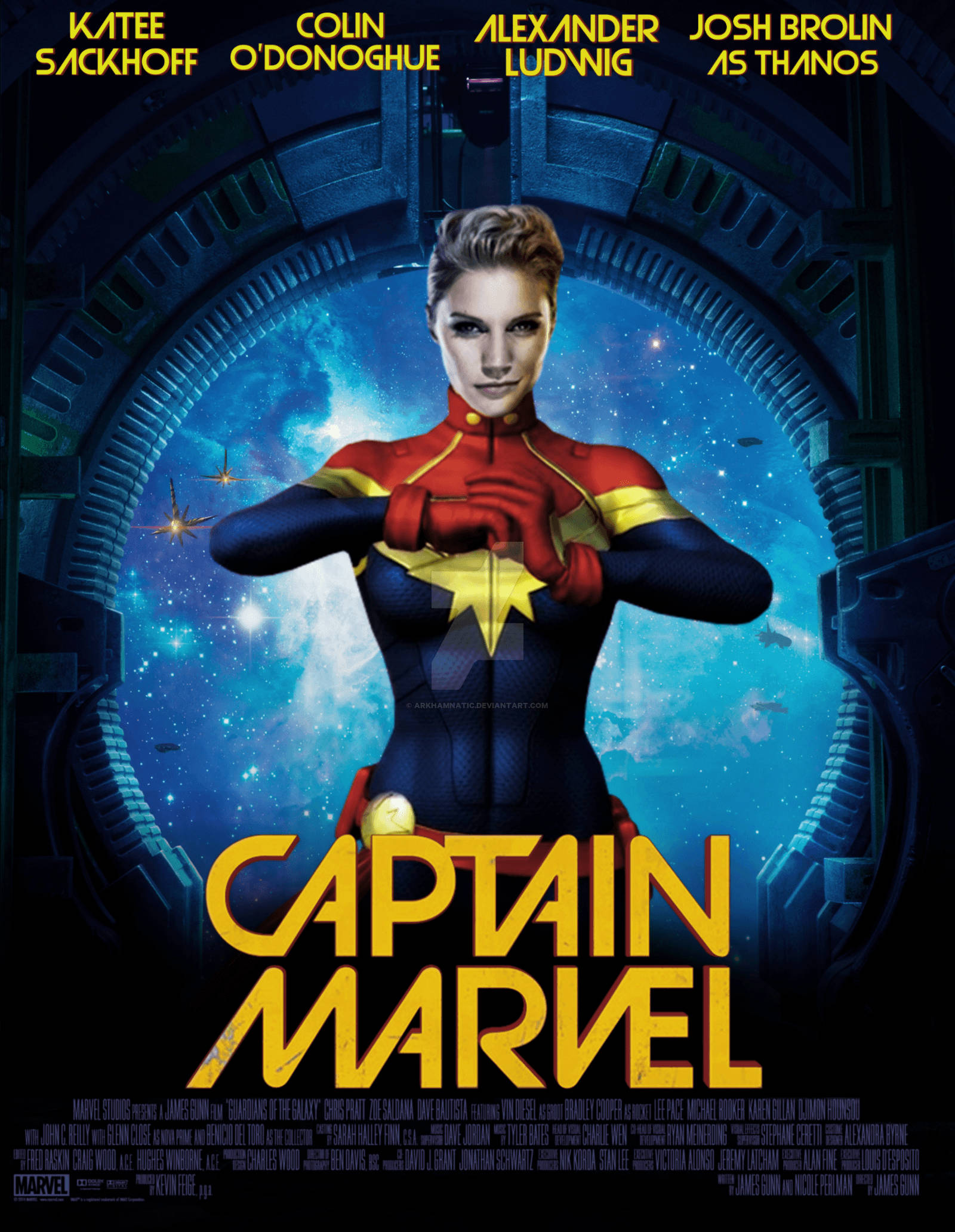 Captain Marvel, red and blue suit, cosmic backdrop, Full HD Phone Wallpaper