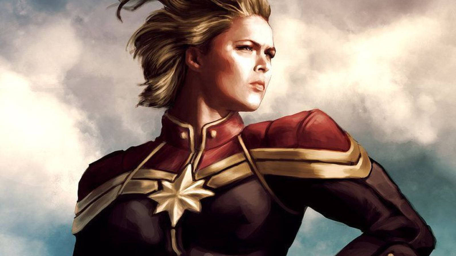 Captain Marvel, red and gold suit, cloudy sky, HD Desktop Wallpaper