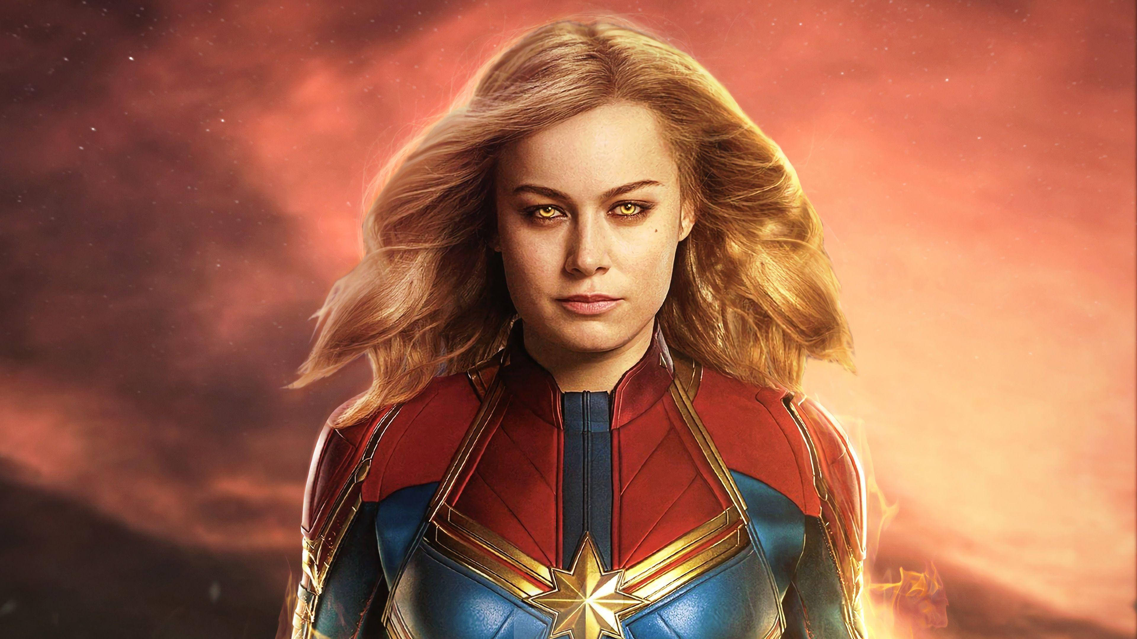 Captain Marvel, red blue and gold suit, fiery cosmic sky, 4K Desktop Wallpaper
