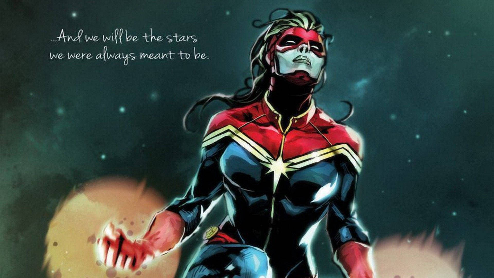 Captain Marvel, cosmic backdrop, glowing hands, Full HD Desktop Wallpaper