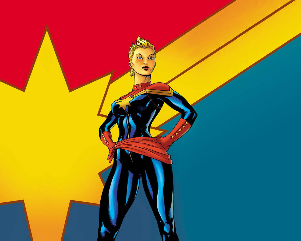 Captain Marvel, blue and red suit, red yellow and blue starburst background, HD Desktop Wallpaper