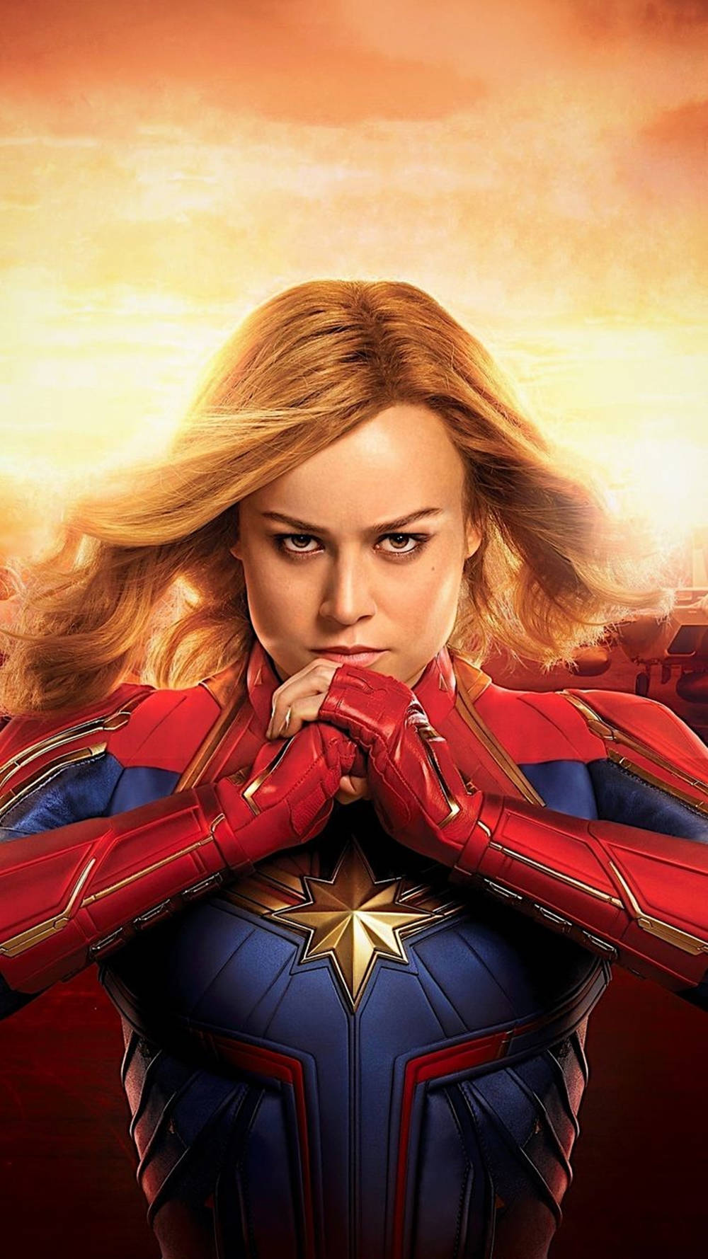 Captain Marvel, red and blue suit, glowing sunset sky, HD Phone Wallpaper