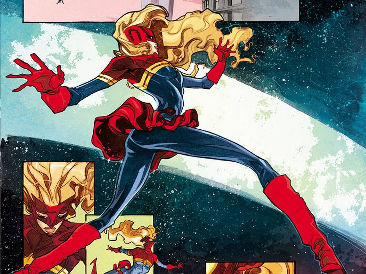 Captain Marvel, blonde hair, red blue costume, HD Desktop Wallpaper