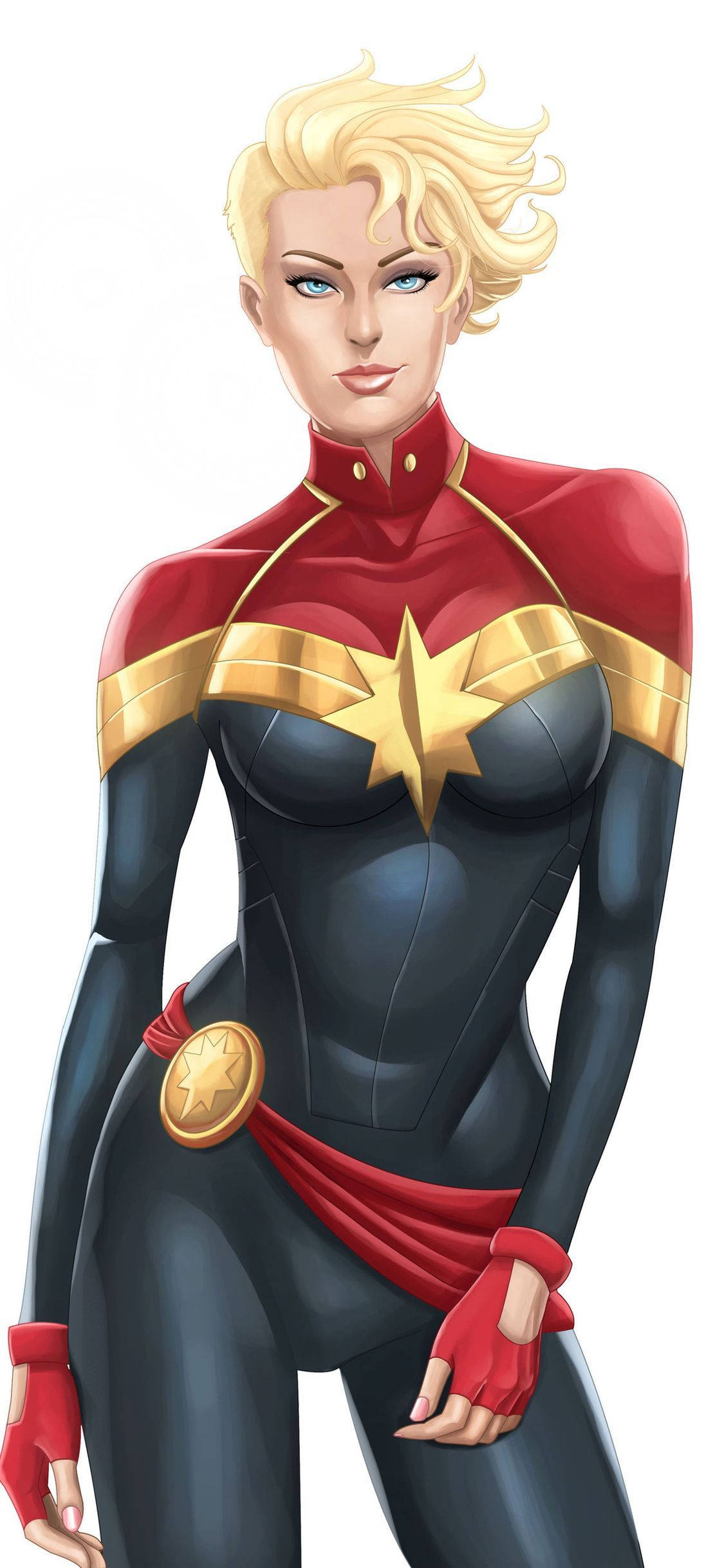 Captain Marvel, red gold and black suit, star emblem, Full HD Phone Wallpaper