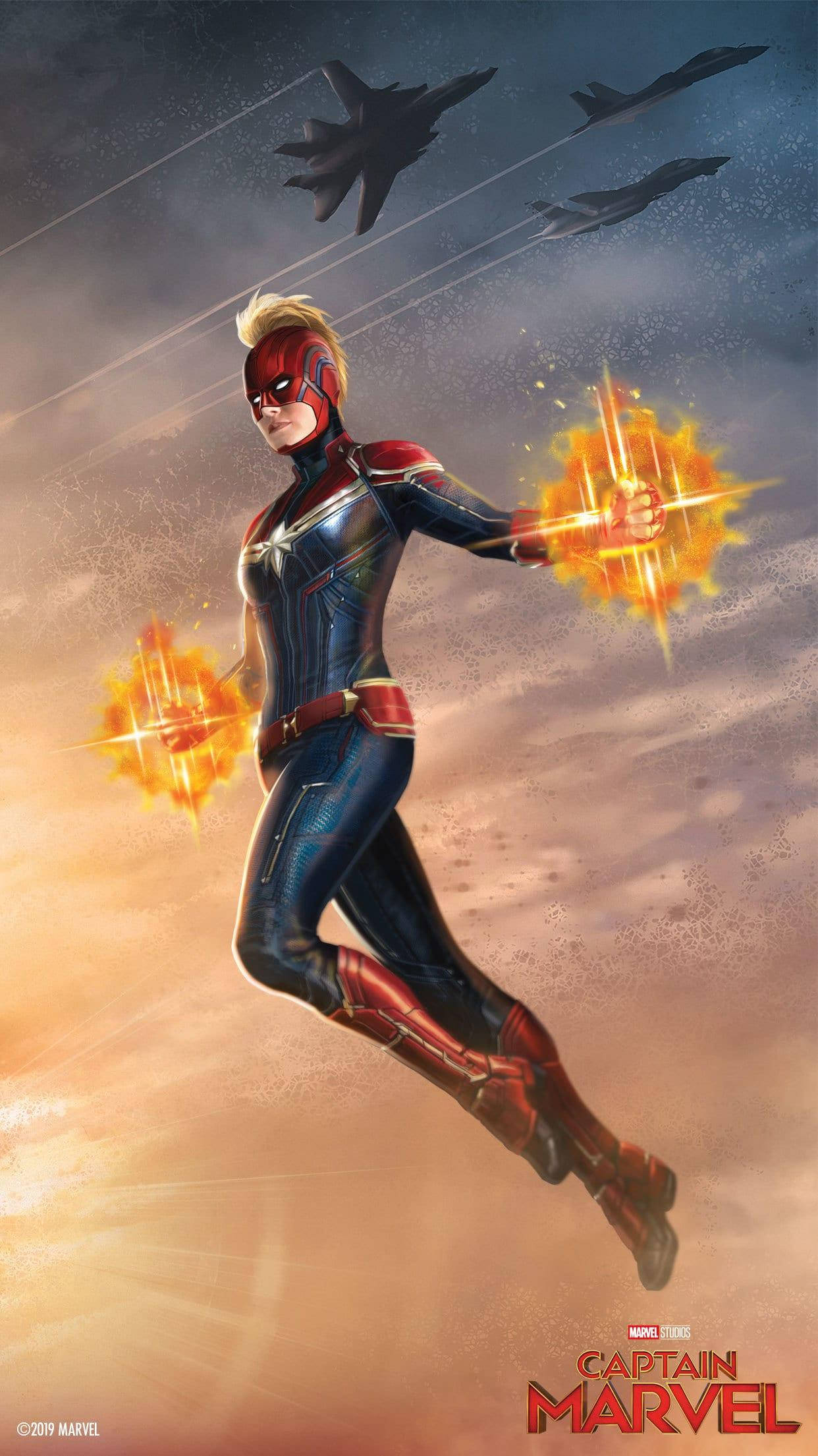 Captain Marvel, cloudy sky, energy blasts, Full HD Phone Wallpaper