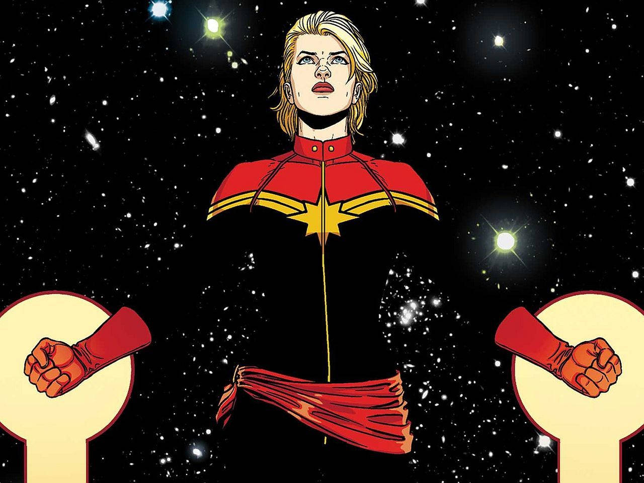 Captain Marvel, black costume, space, HD Desktop Wallpaper