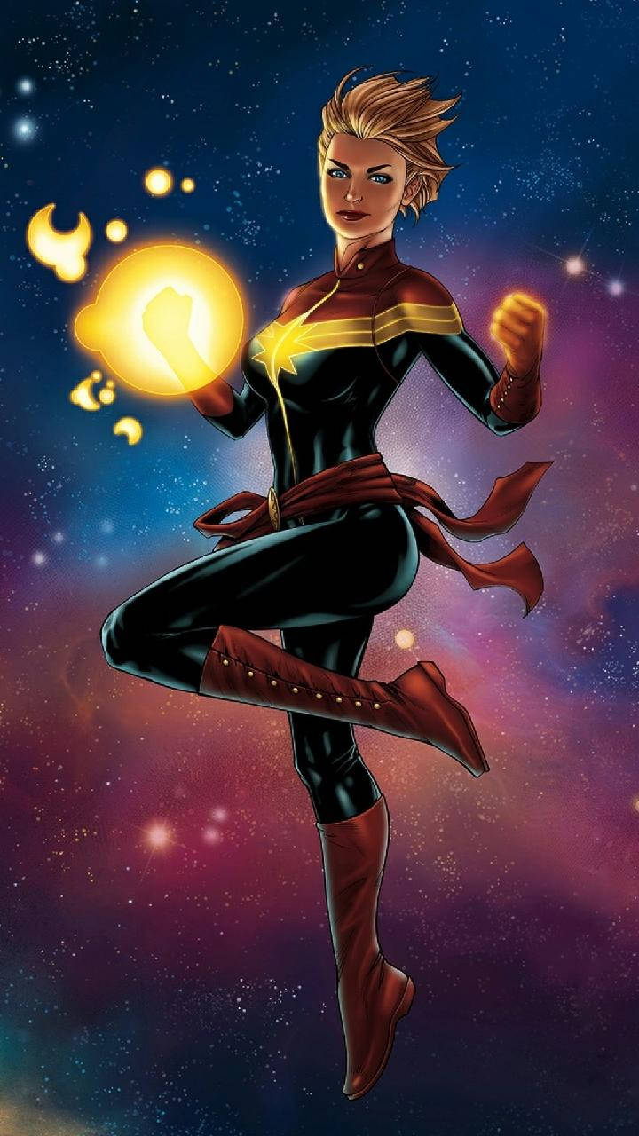 Captain Marvel, starry cosmic void, glowing energy orb, HD Phone Wallpaper
