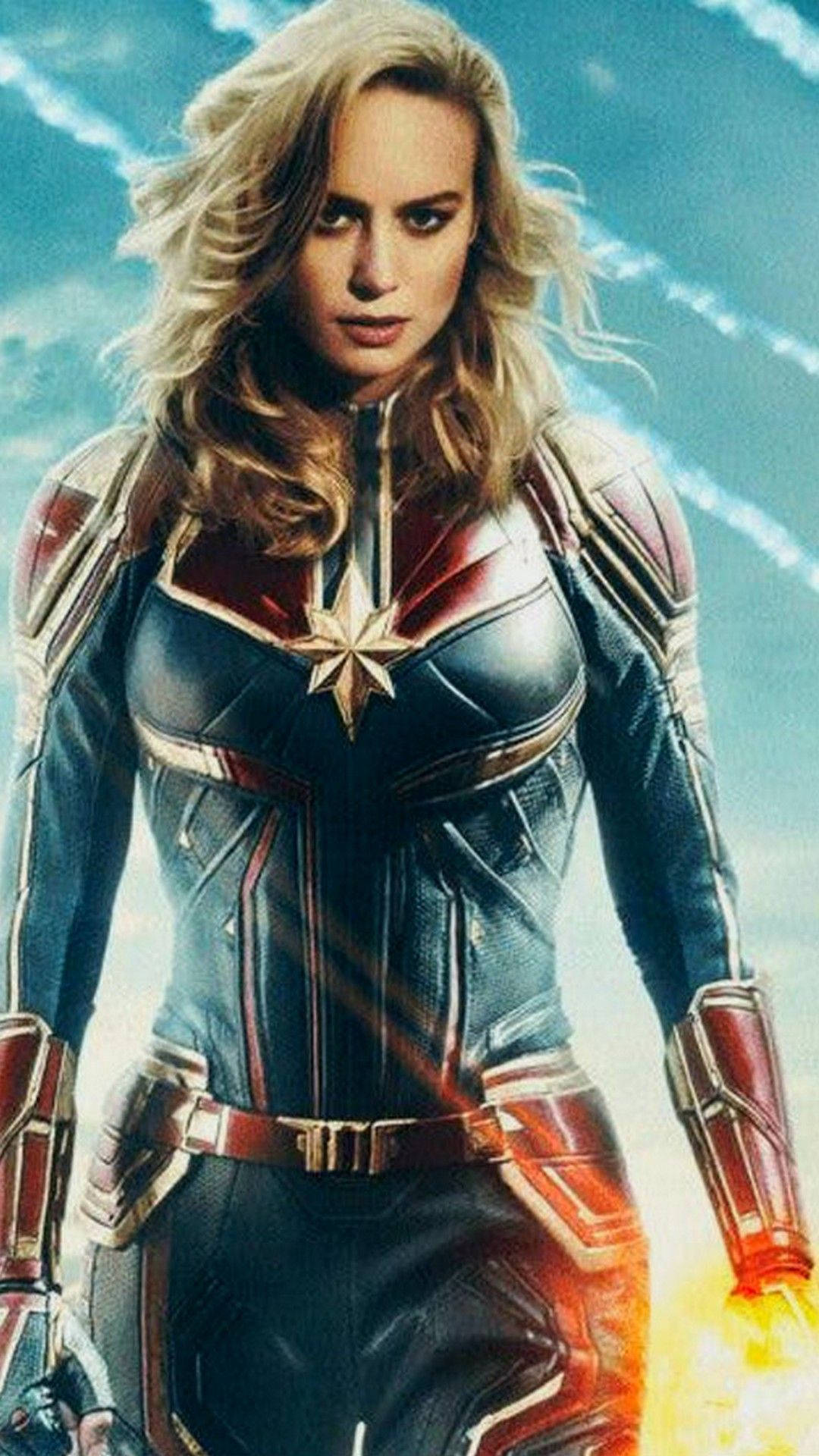 Captain Marvel, blue red and gold suit, bright sky, Full HD Phone Wallpaper