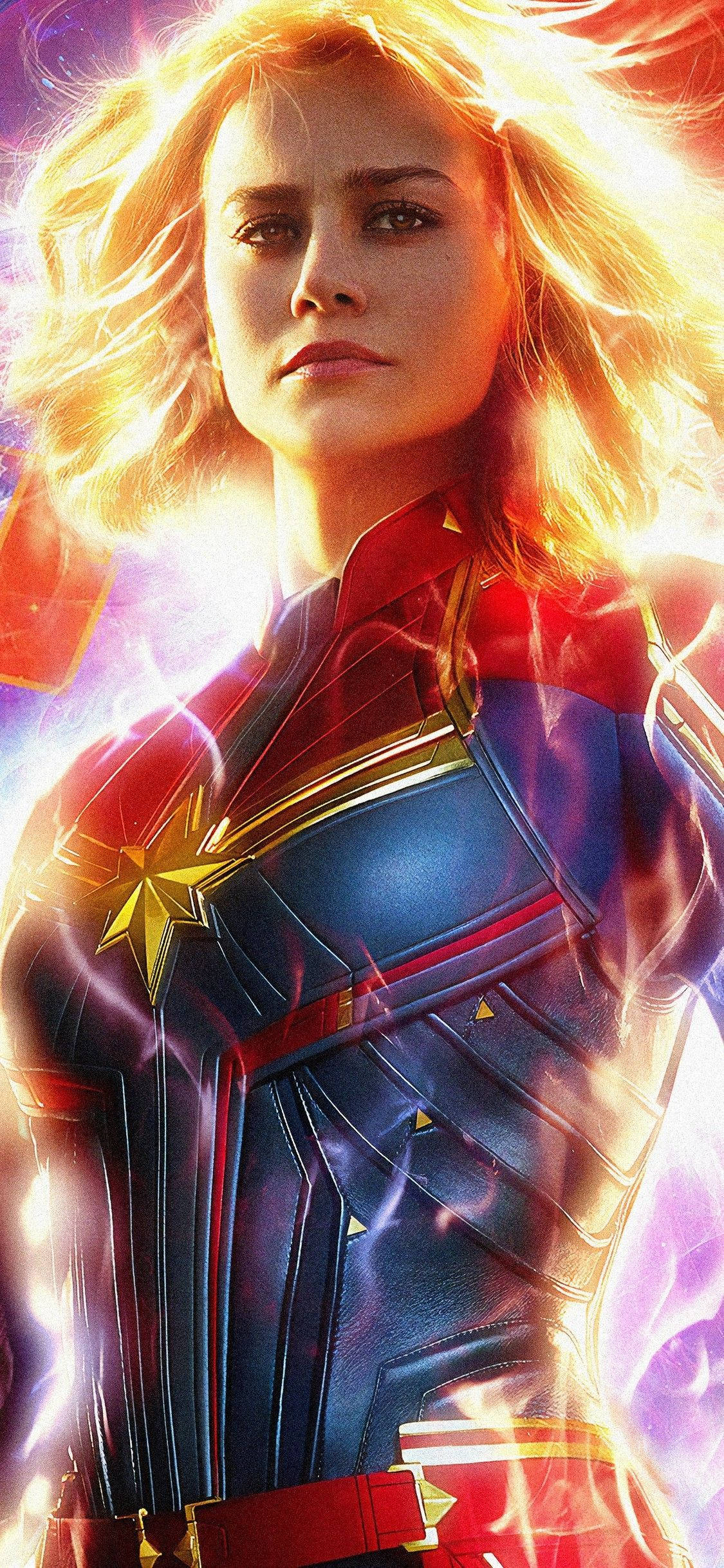 Captain Marvel, blue and red suit, glowing energy, Full HD Phone Wallpaper