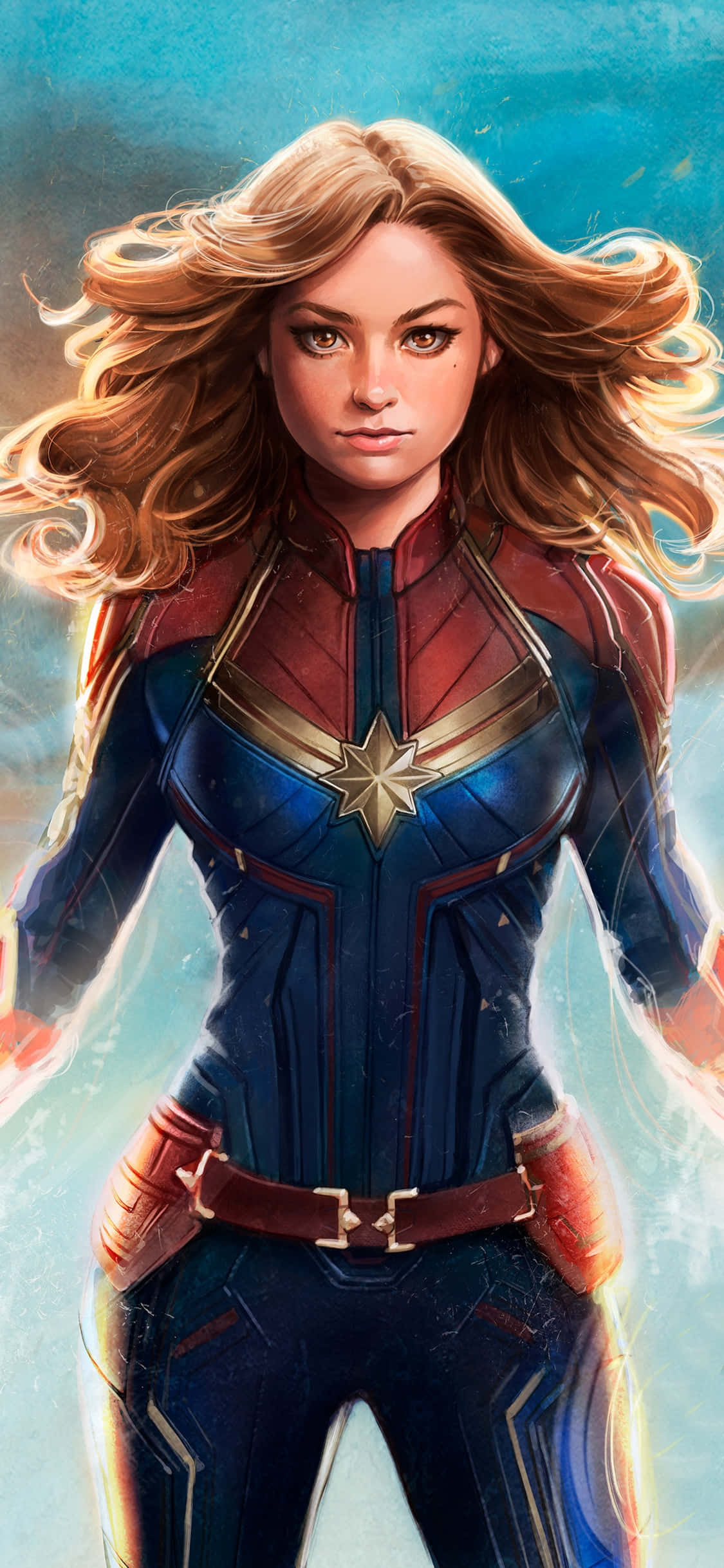 Captain Marvel, blue and red suit, flowing blonde hair, Full HD Phone Wallpaper