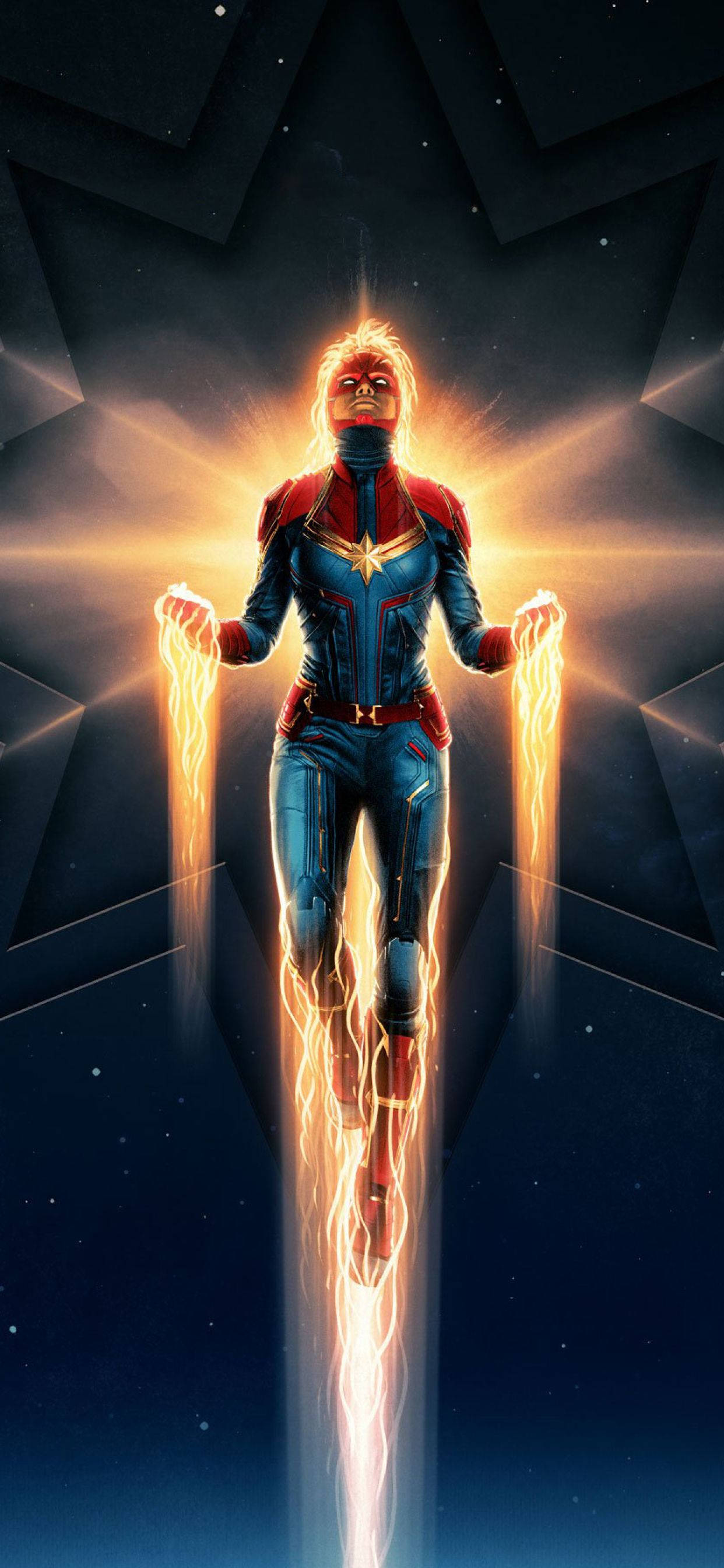 Captain Marvel, golden energy burst, starry cosmic backdrop, 2K Phone Wallpaper