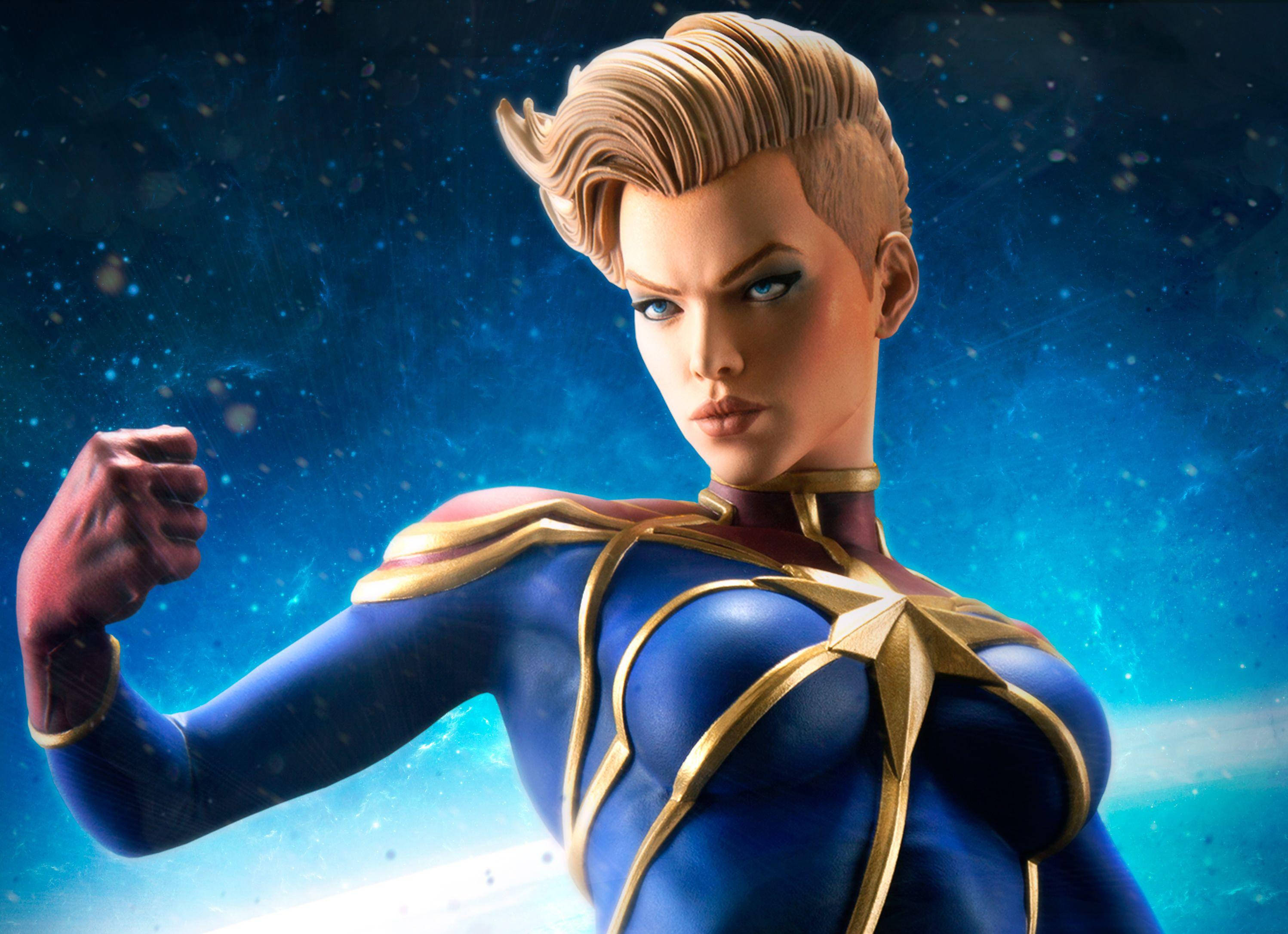Captain Marvel, blue and gold suit, fierce female superhero, 2K Desktop Wallpaper