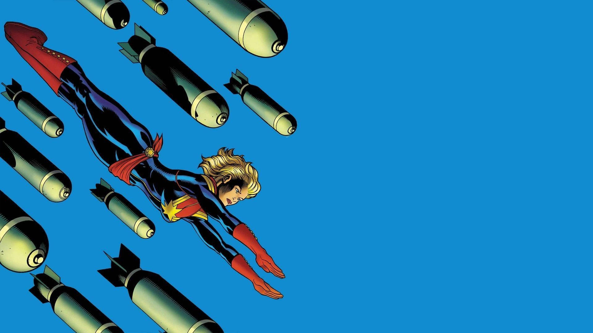Captain Marvel, blue sky, bombs, Full HD Desktop Wallpaper