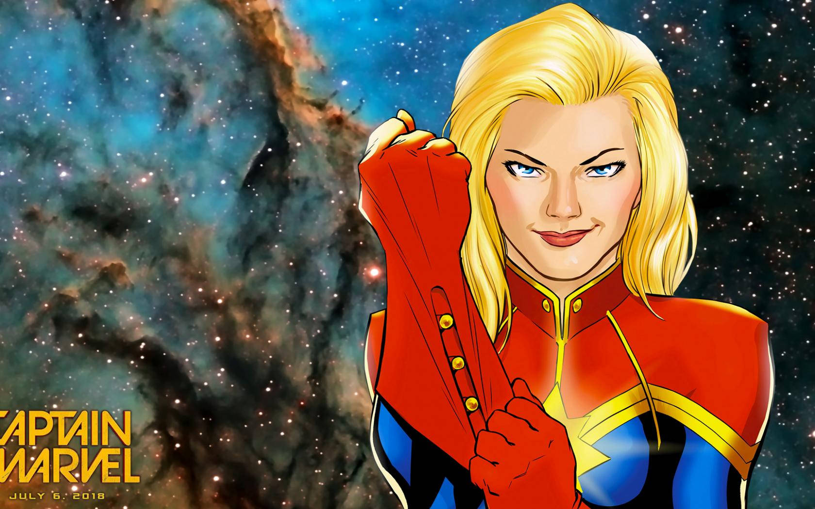 Captain Marvel, red blue and gold suit, cosmic nebula backdrop, HD Desktop Wallpaper