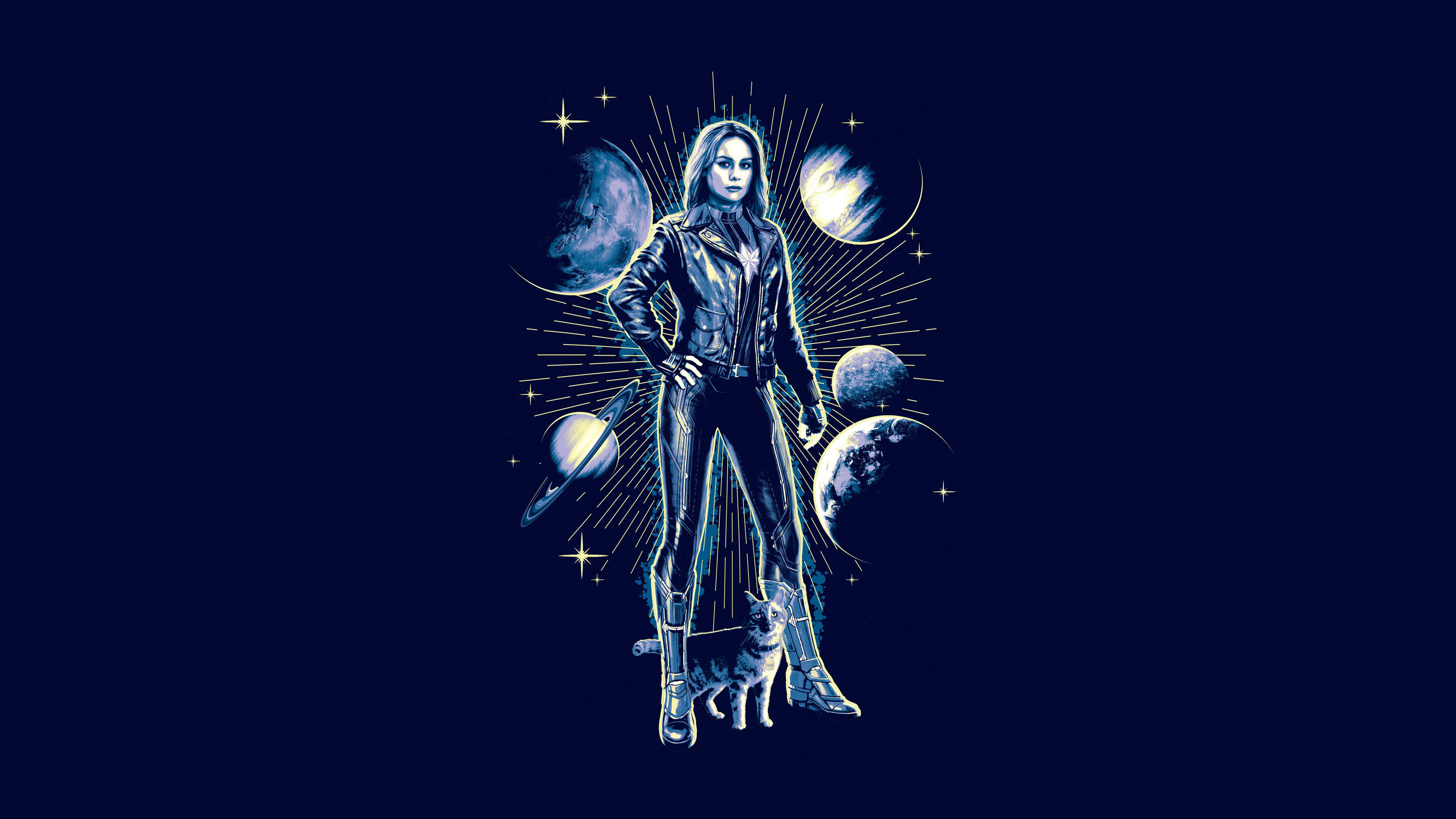 Captain Marvel, leather suit, cat, 4K Desktop Wallpaper