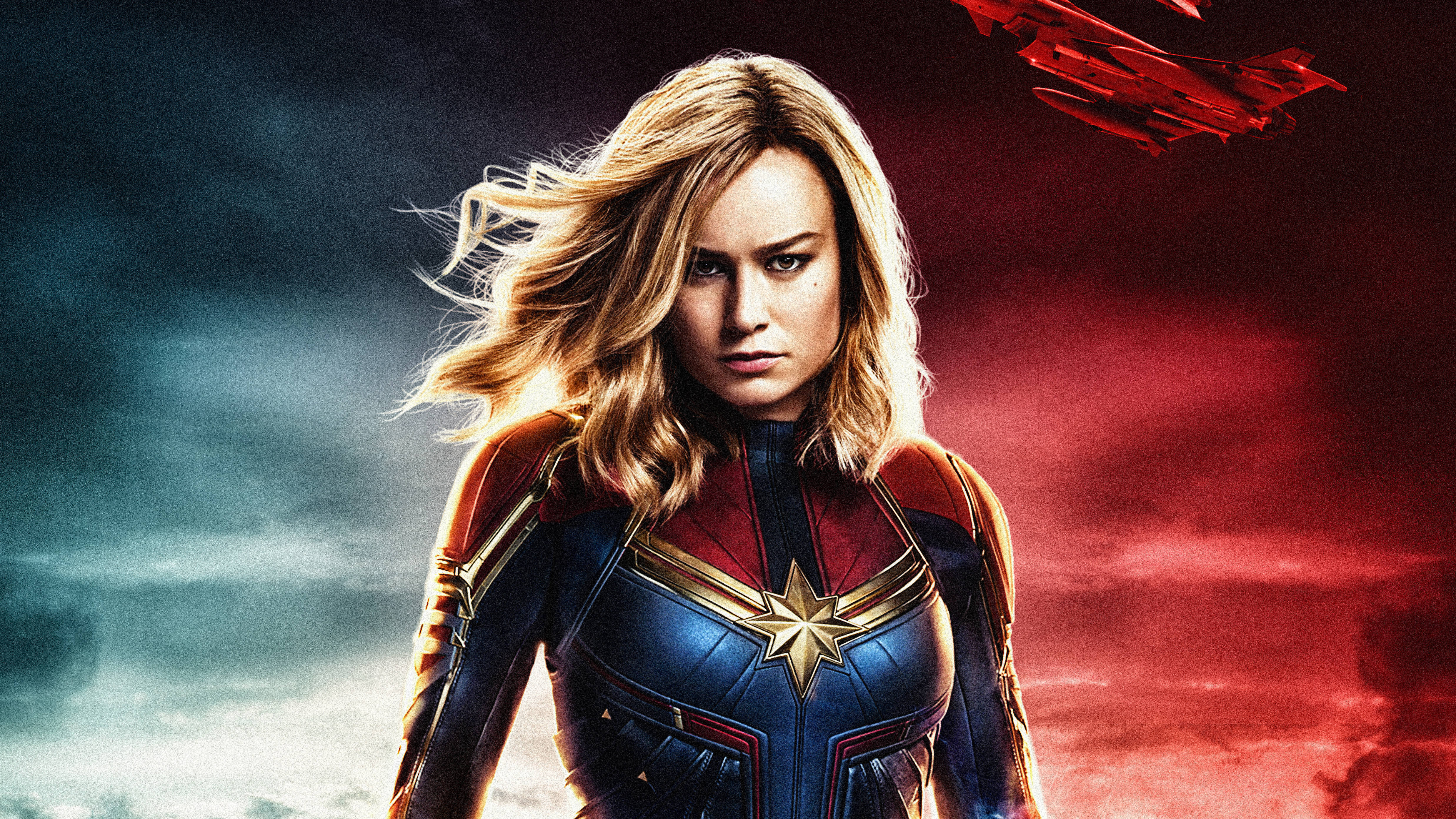 Captain Marvel, blue and red suit, stormy sky, 4K Desktop Wallpaper