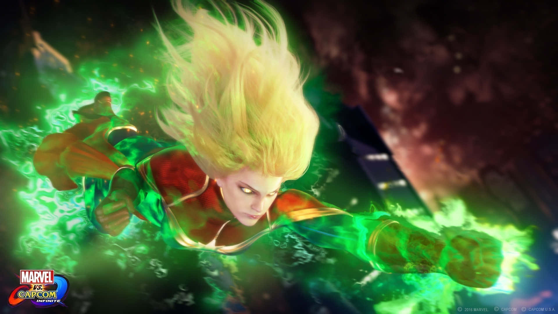 Captain Marvel, red and gold armor, green energy, Full HD Desktop Wallpaper