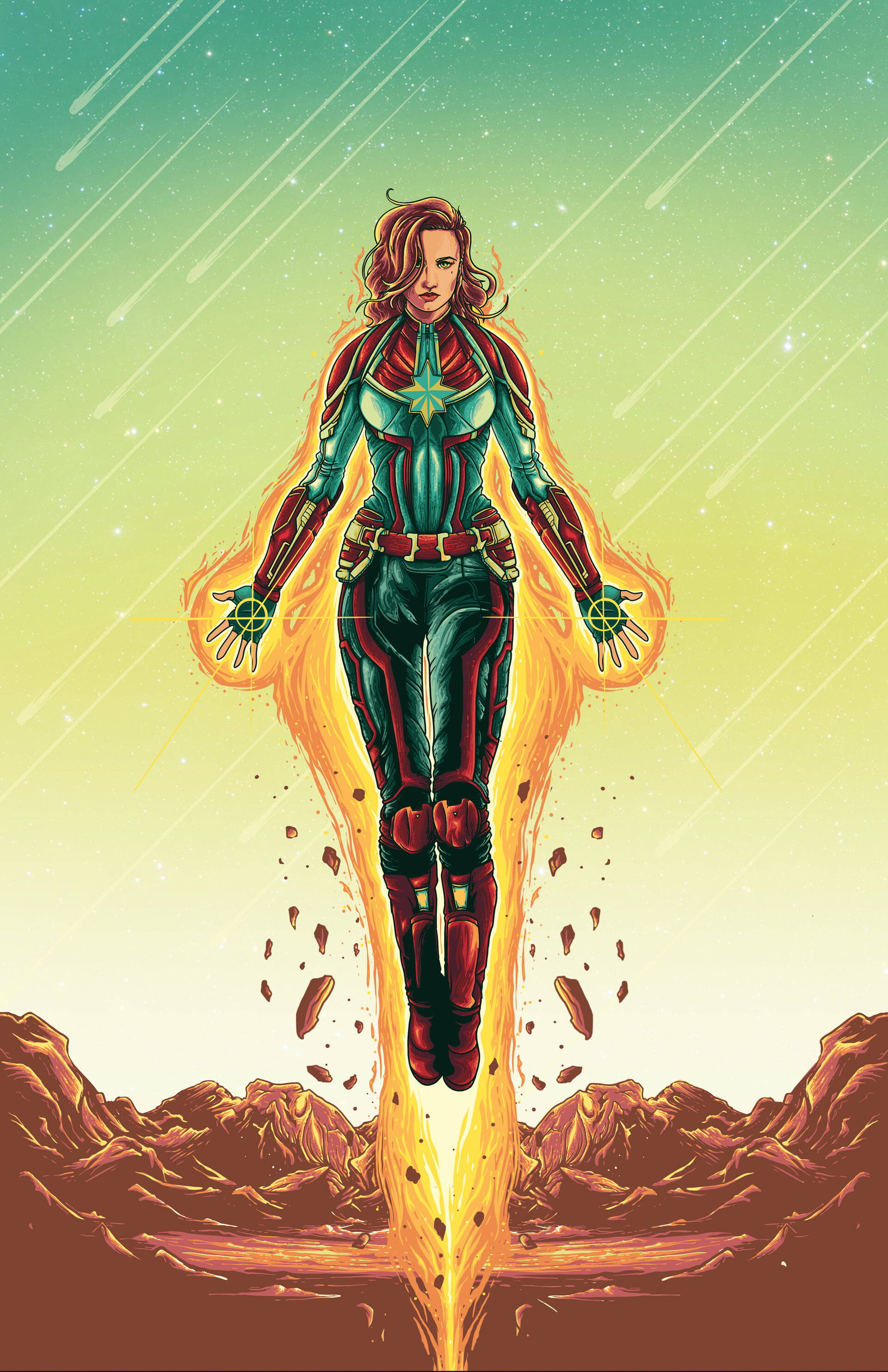 Captain Marvel, fiery energy beam, rocky desert landscape, 2K Phone Wallpaper