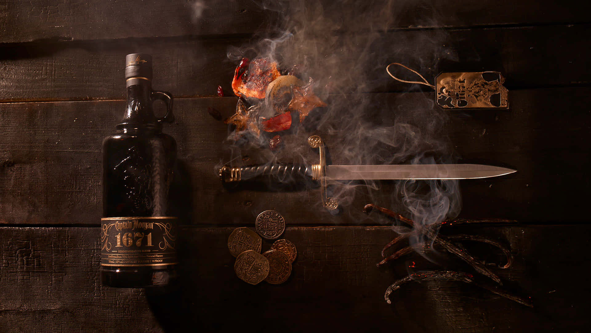 1671 rum, Captain Morgan, smoking dagger, Full HD Desktop Wallpaper