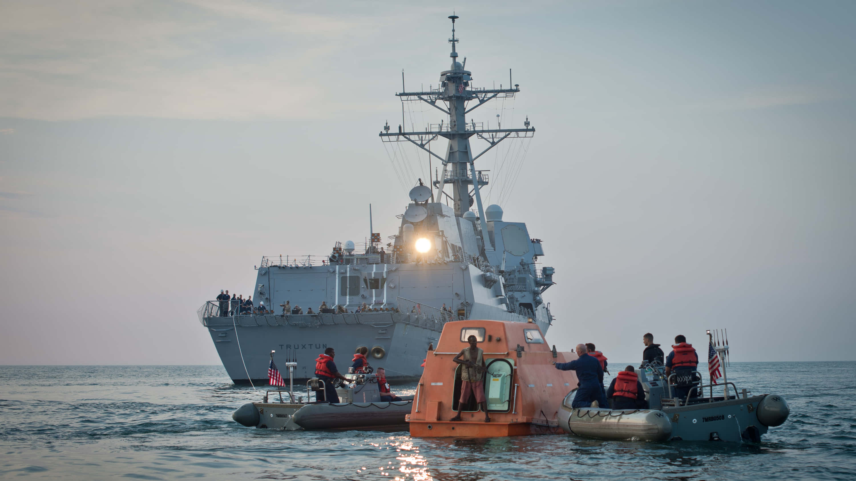 Captain Phillips, naval destroyer, orange and gray rigid inflatable boats, 2K Desktop Wallpaper