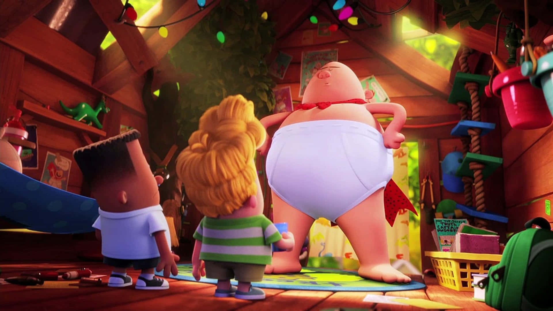 Captain Underpants The First Epic Movie, giant chubby character in white underwear, cluttered wooden treehouse, Full HD Desktop Wallpaper