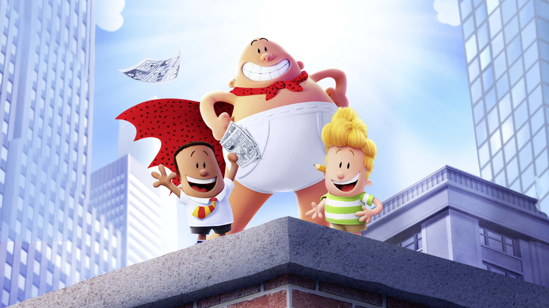 Captain Underpants The First Epic Movie, rooftop gathering, three animated kids, Full HD Desktop Wallpaper