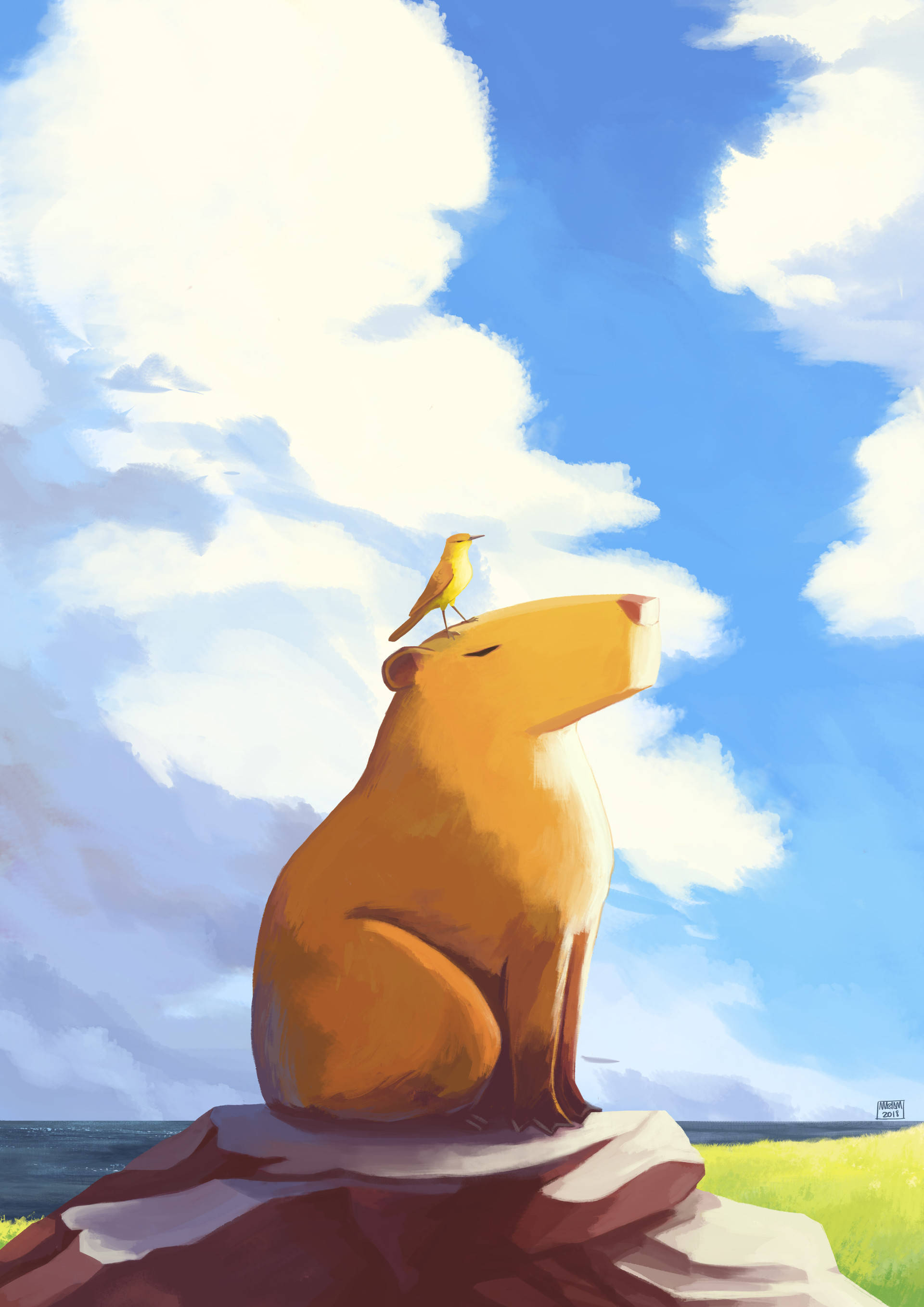 capybara, golden, yellow bird, 2K Phone Wallpaper