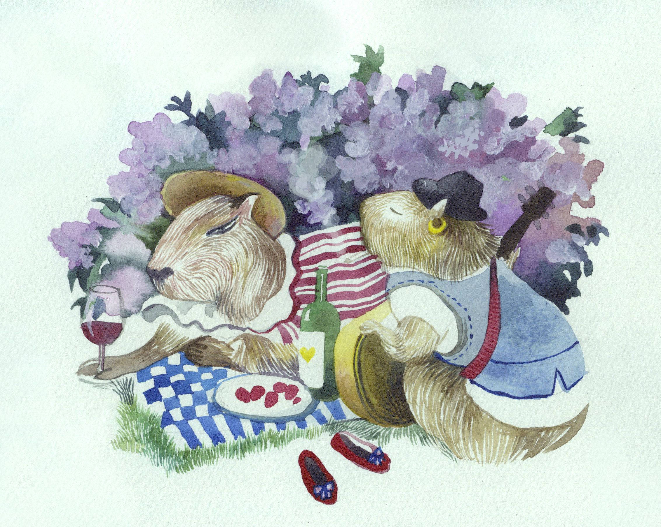 capybara, purple lilacs, checkered blanket, Full HD Desktop Wallpaper