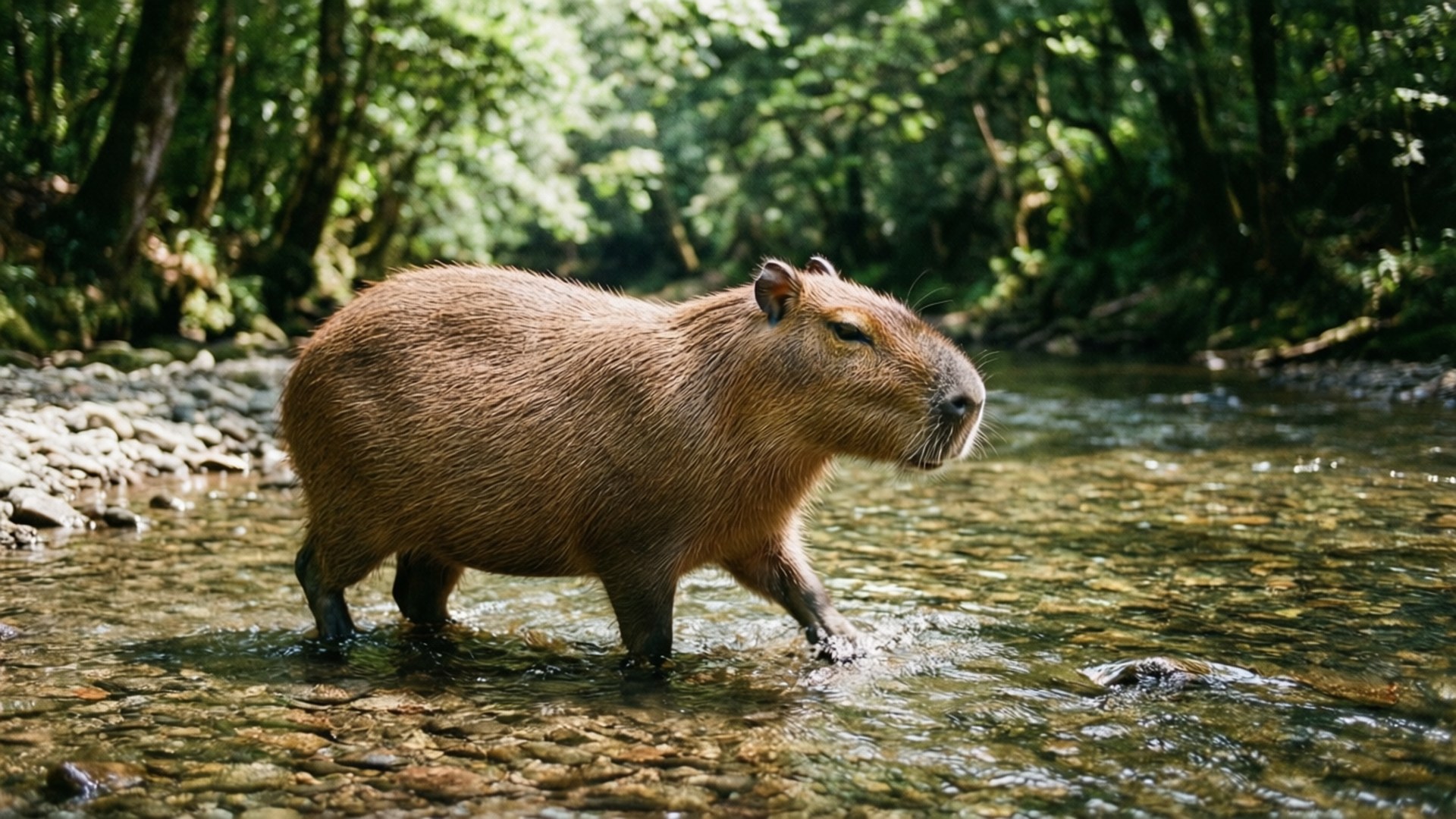 streamside capybara, shallow clear water, sunlit forest stream, Full HD Desktop Wallpaper