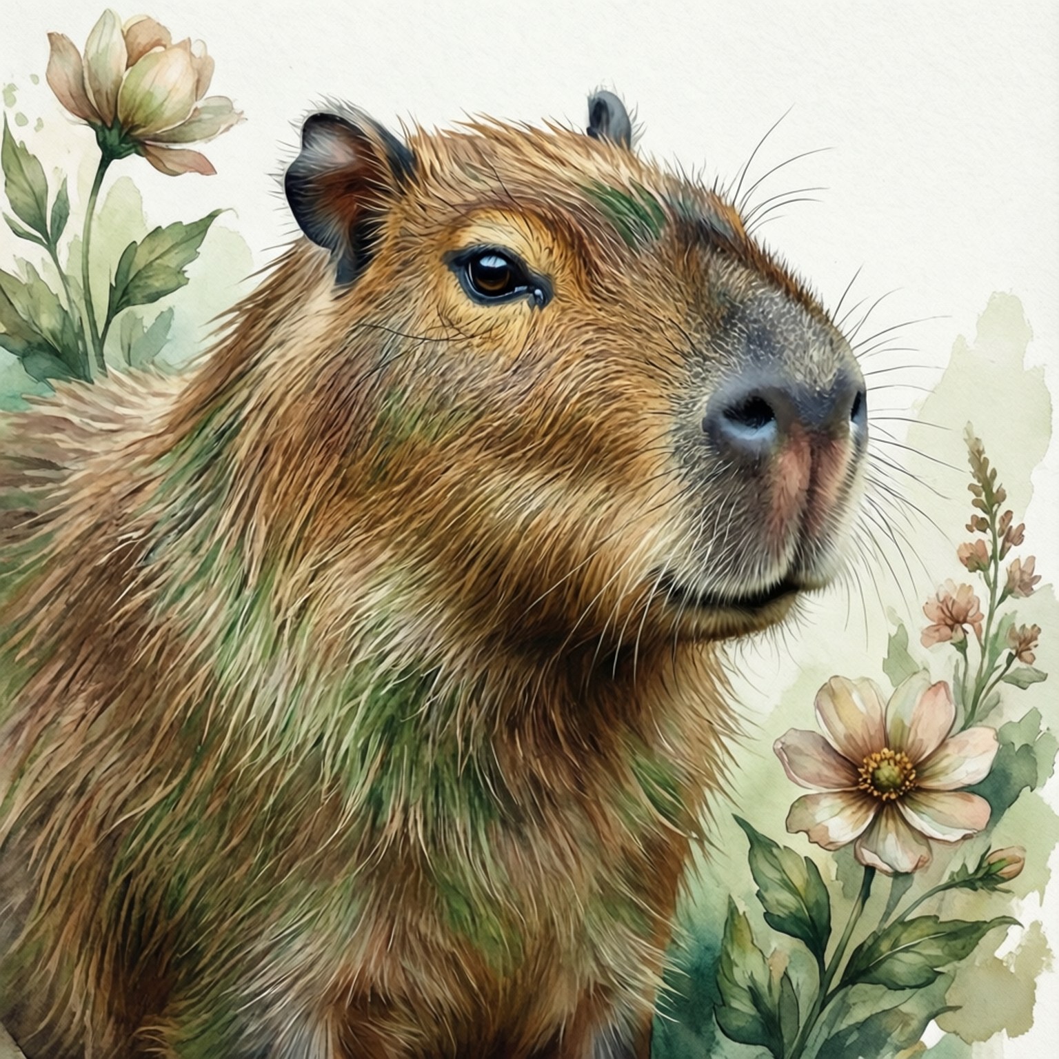 watercolor, capybara, pink flowers, HD Desktop Wallpaper