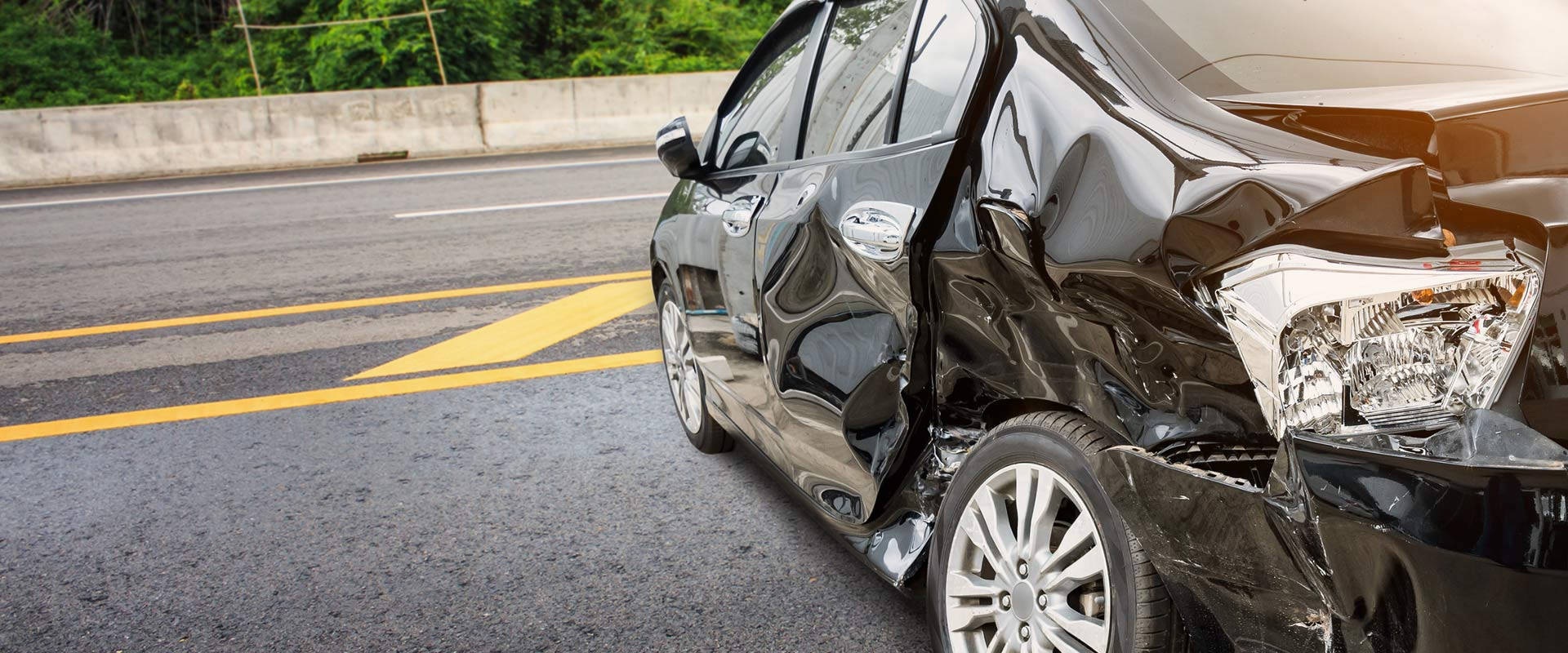 black sedan, severe front-end damage, sunlit road, Full HD Desktop Wallpaper