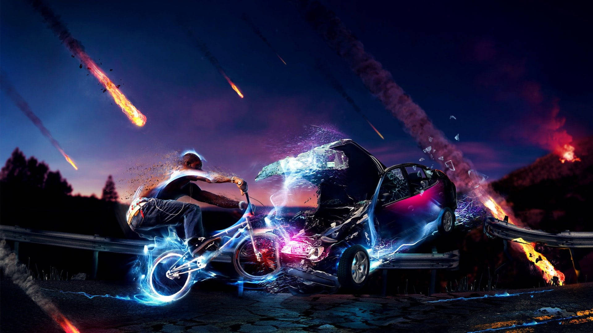 cyclist, glowing blue energy, shattered car, Full HD Desktop Wallpaper