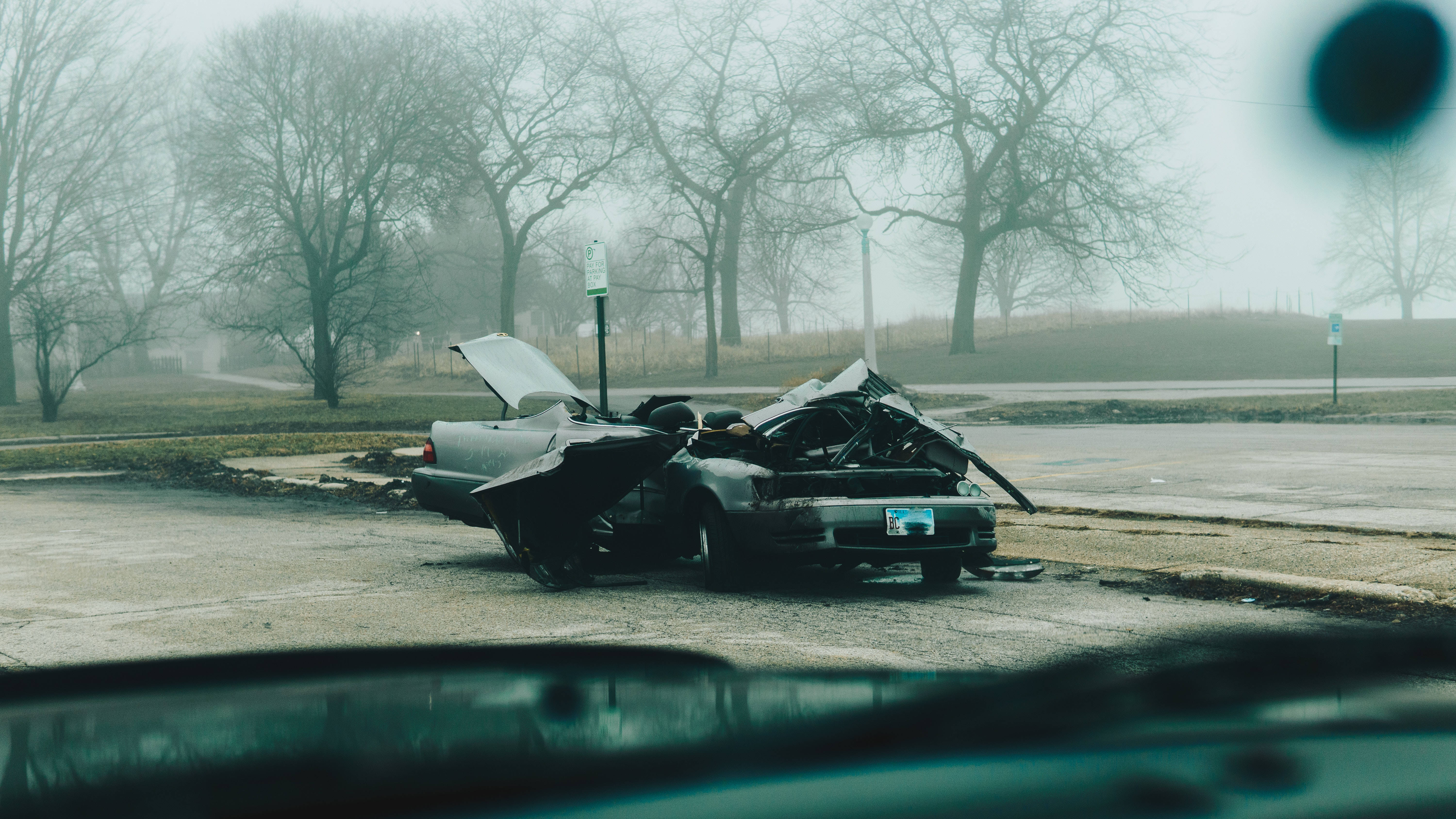 silver car, foggy parking lot, bare trees, 5K Desktop Wallpaper