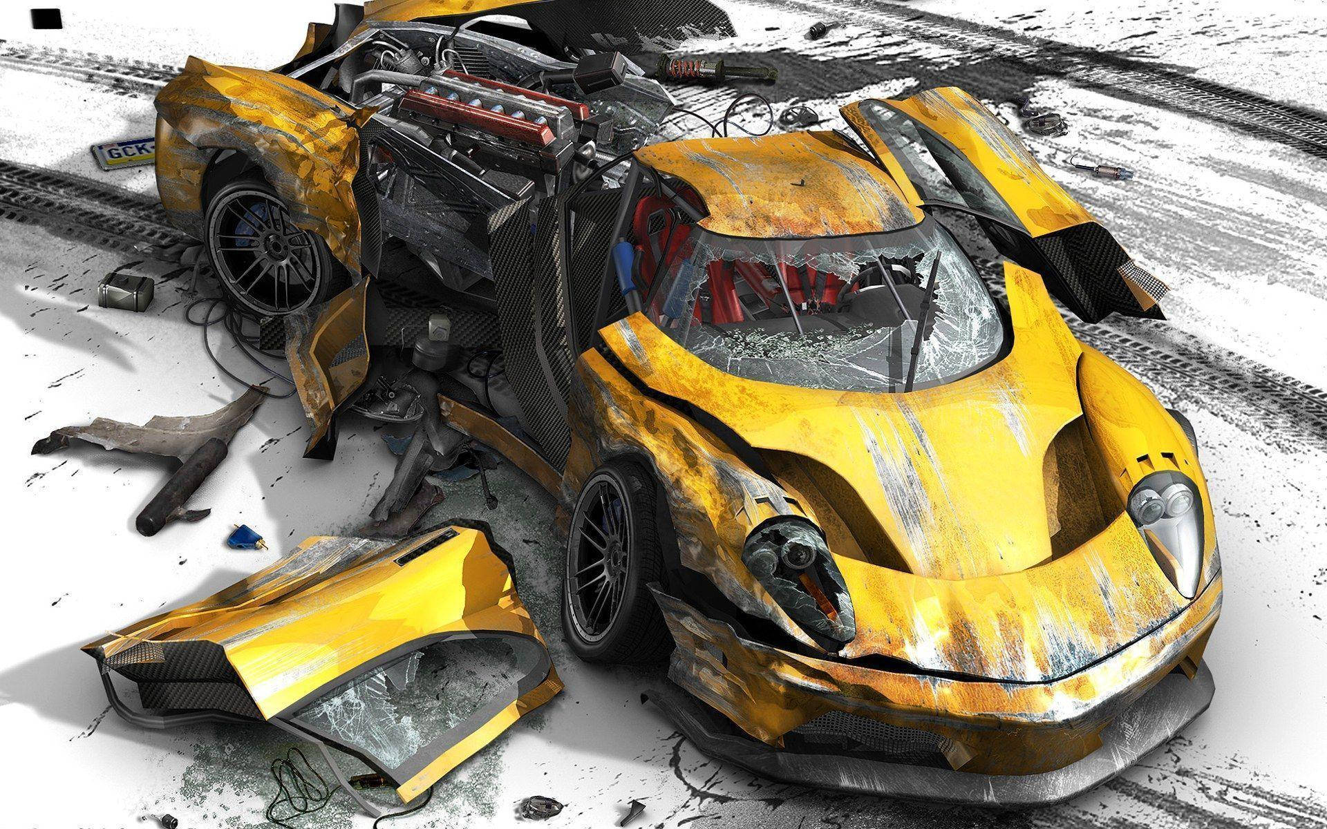 yellow sports car, snowy track, shattered, Full HD Desktop Wallpaper