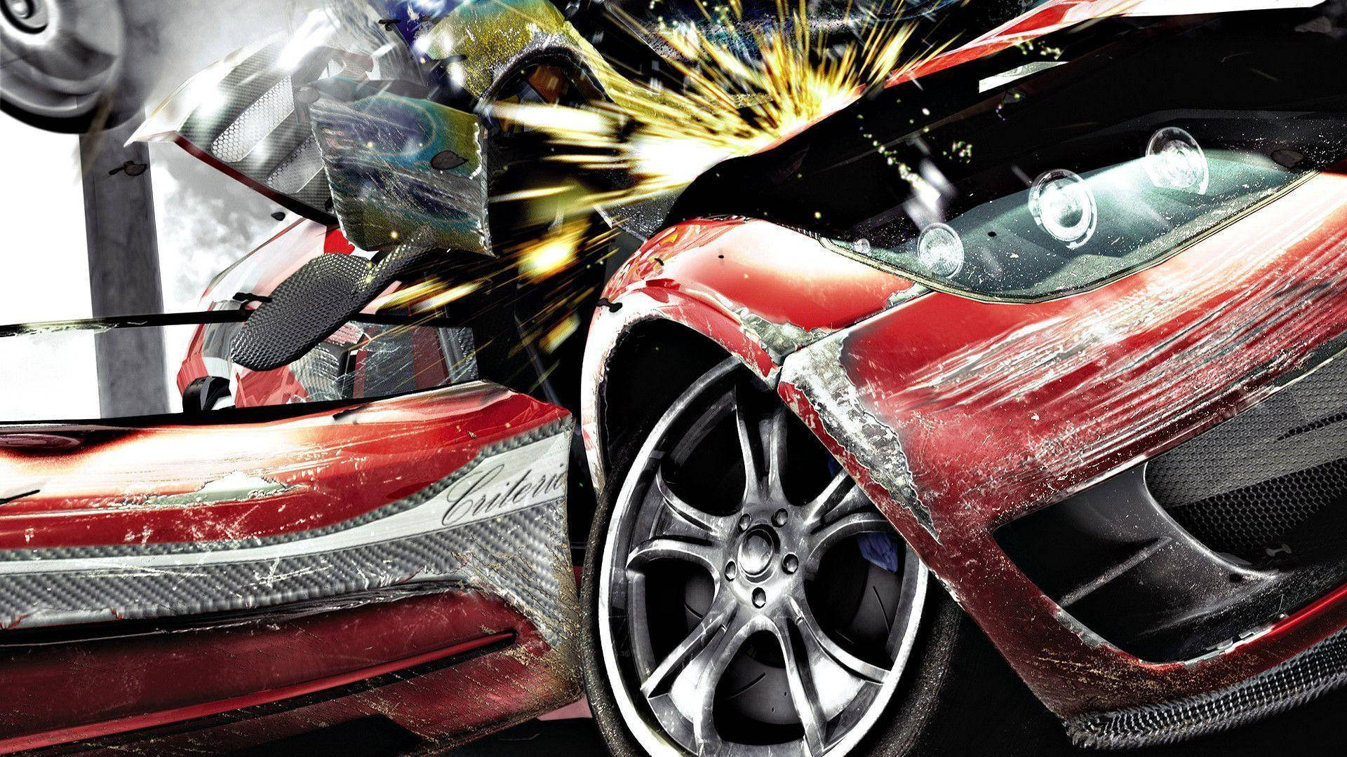 red sports cars, high-speed crash, flying debris, Full HD Desktop Wallpaper