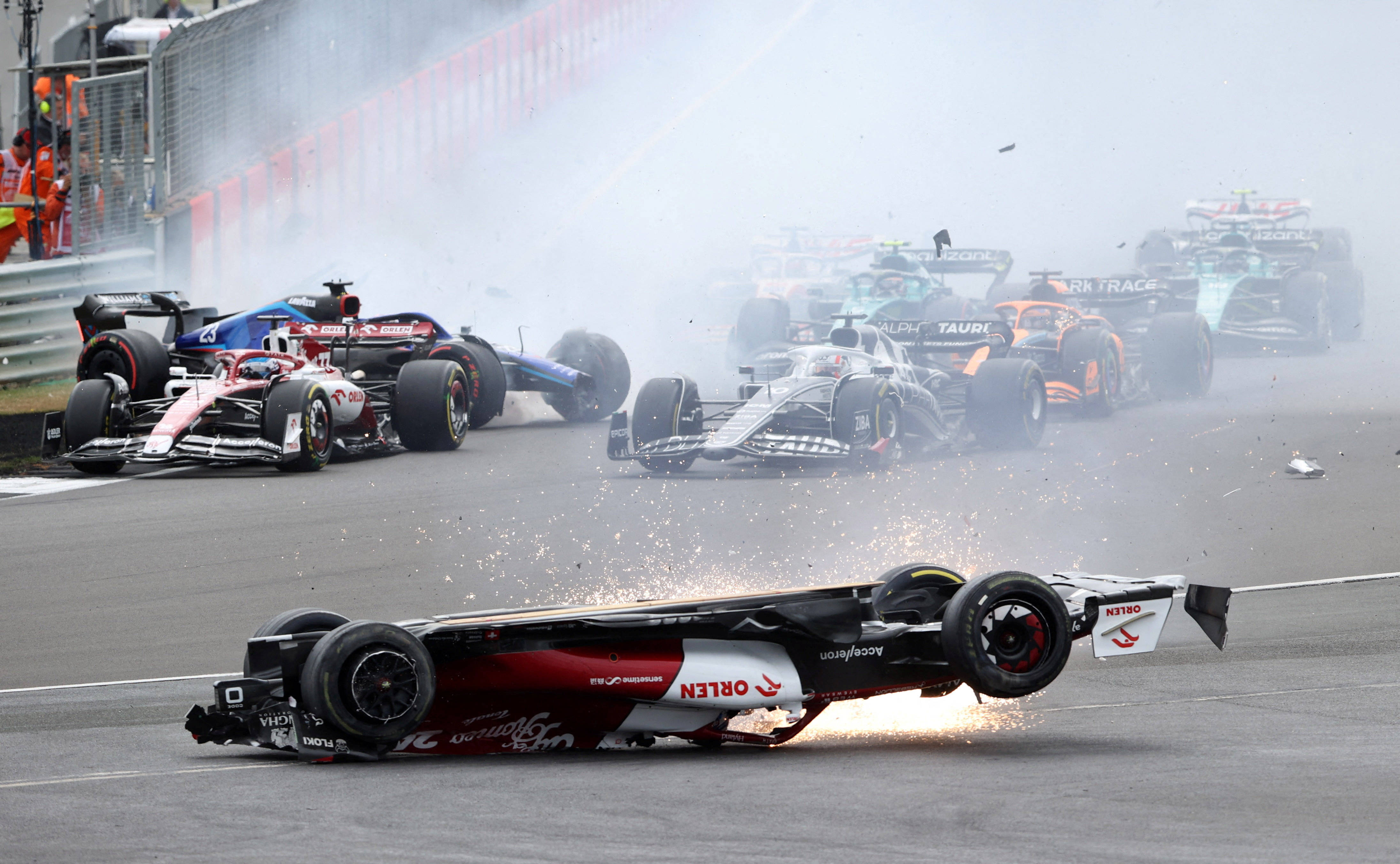 Formula 1 car, racetrack, multi-car collision, 4K Desktop Wallpaper