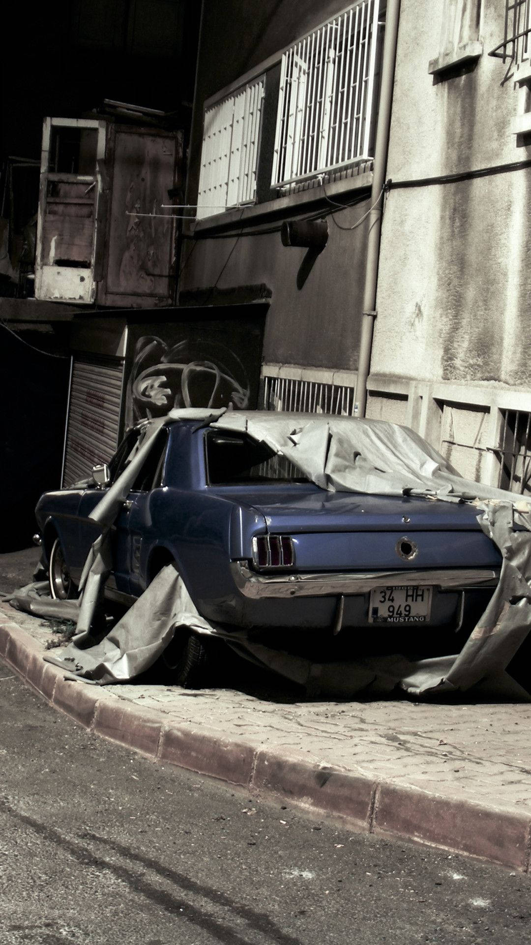 crashed car, blue classic car, tarp, Full HD Phone Wallpaper