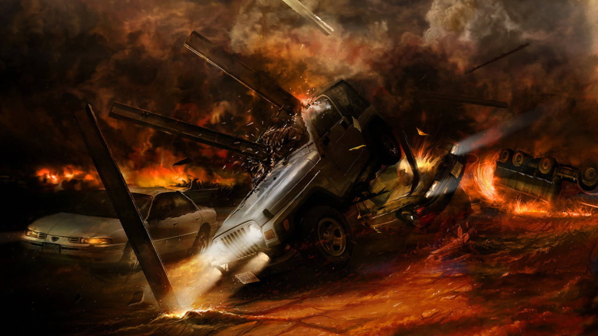 explosive car accident, fiery crash scene, wrecked cars, Full HD Desktop Wallpaper