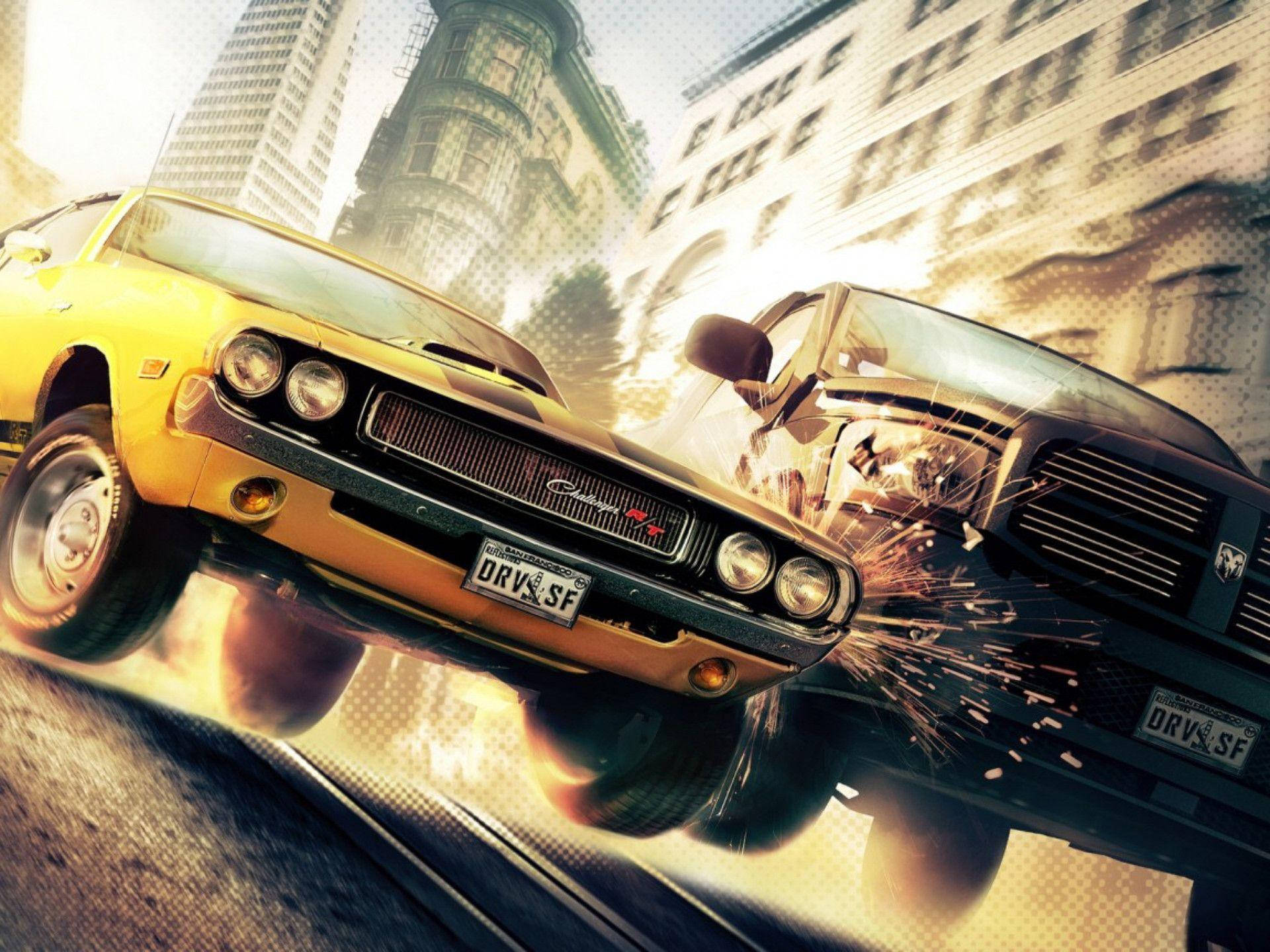 classic muscle cars, sun-drenched urban canyon, sparks flying, Full HD Desktop Wallpaper