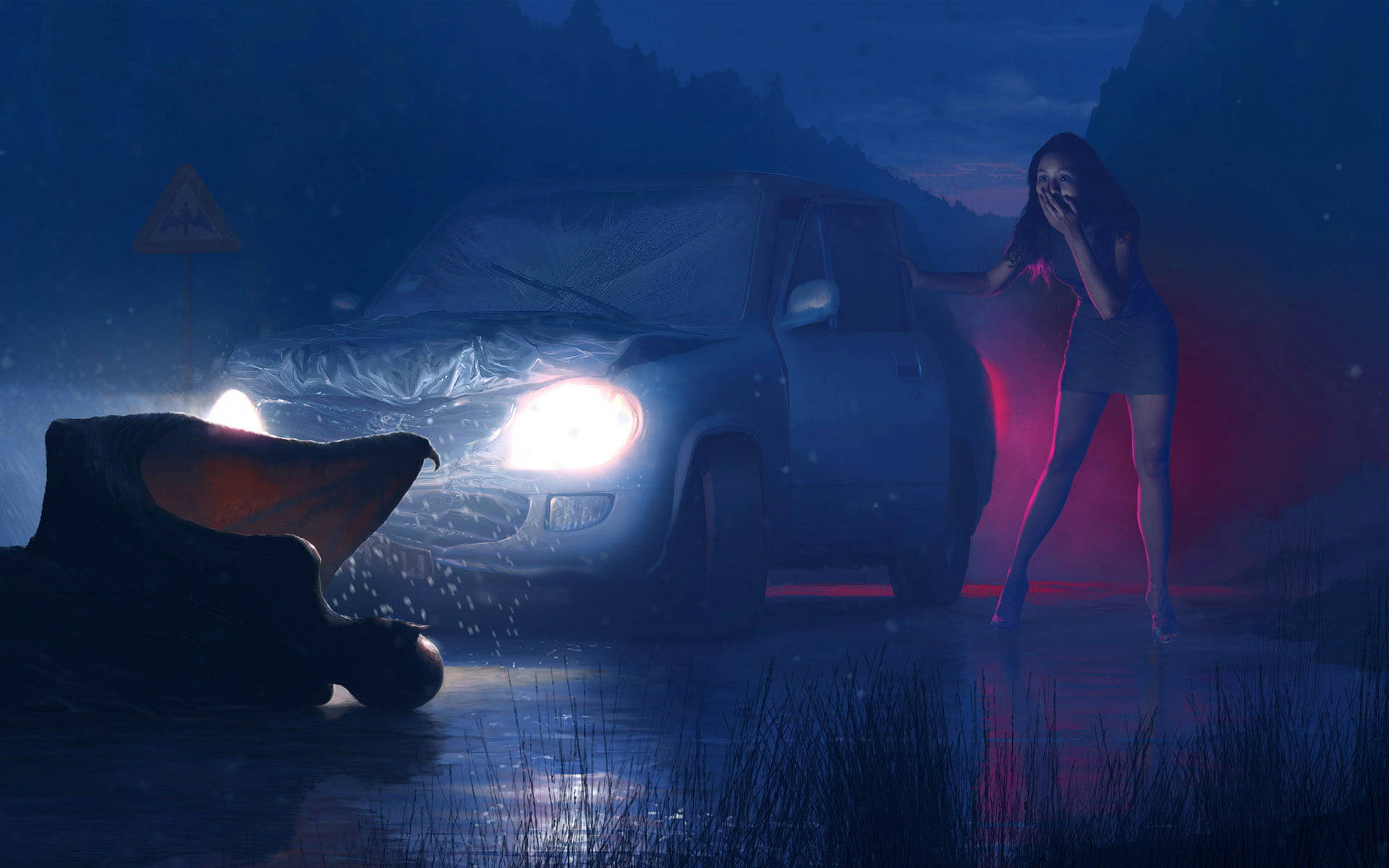 Supernatural Car Accident, glowing car, monstrous creature, Full HD Desktop Wallpaper
