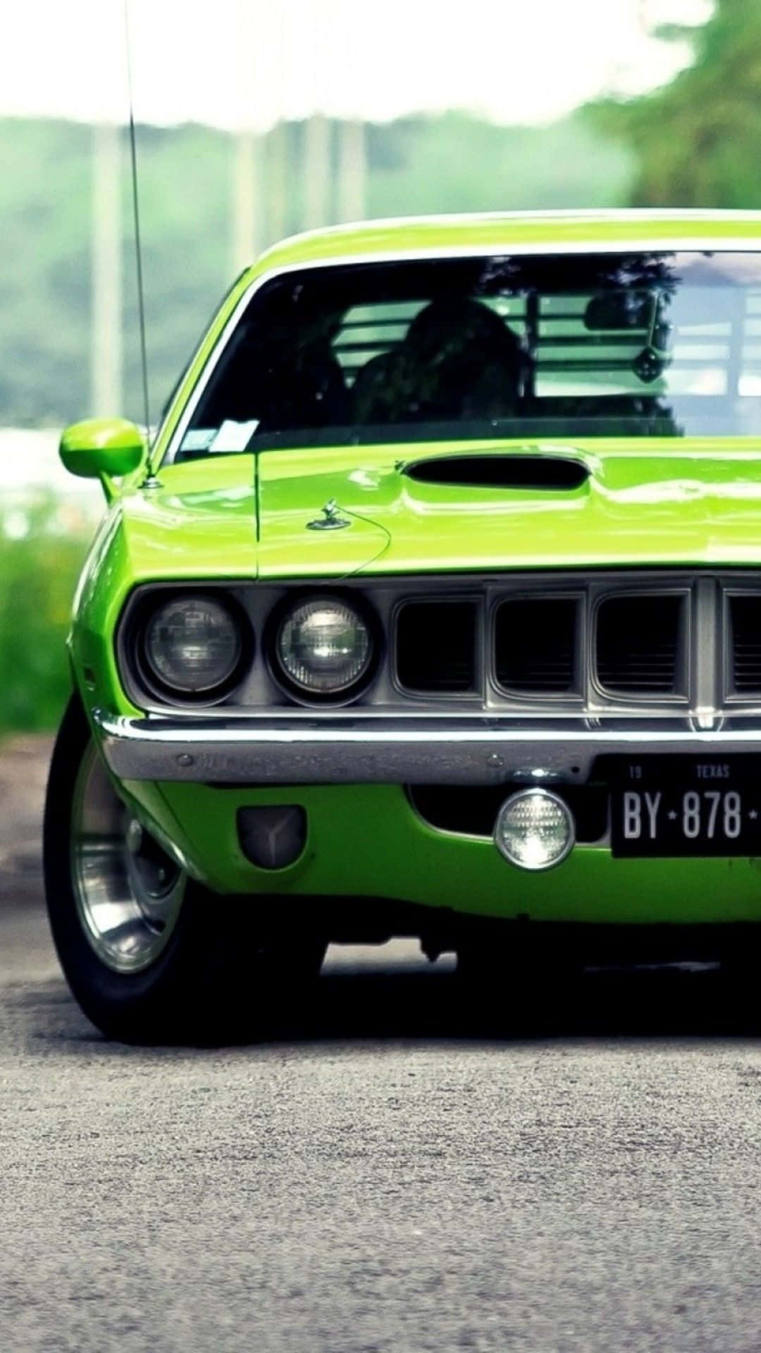 lime green, classic muscle car, chrome details, Full HD Phone Wallpaper