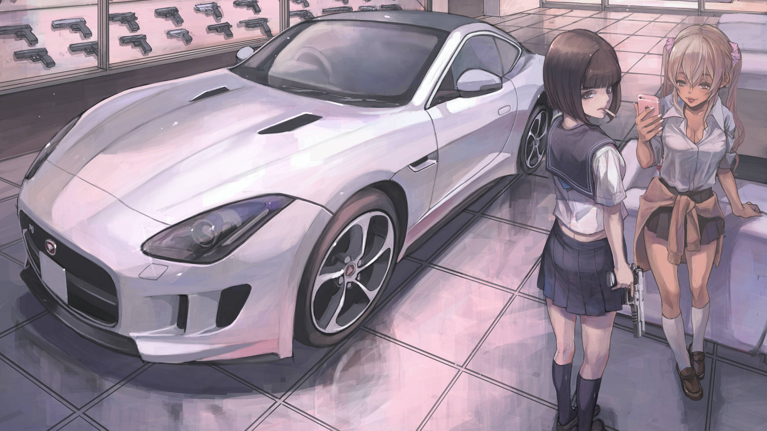 white sports car, glossy showroom, gun displays, 2K Desktop Wallpaper