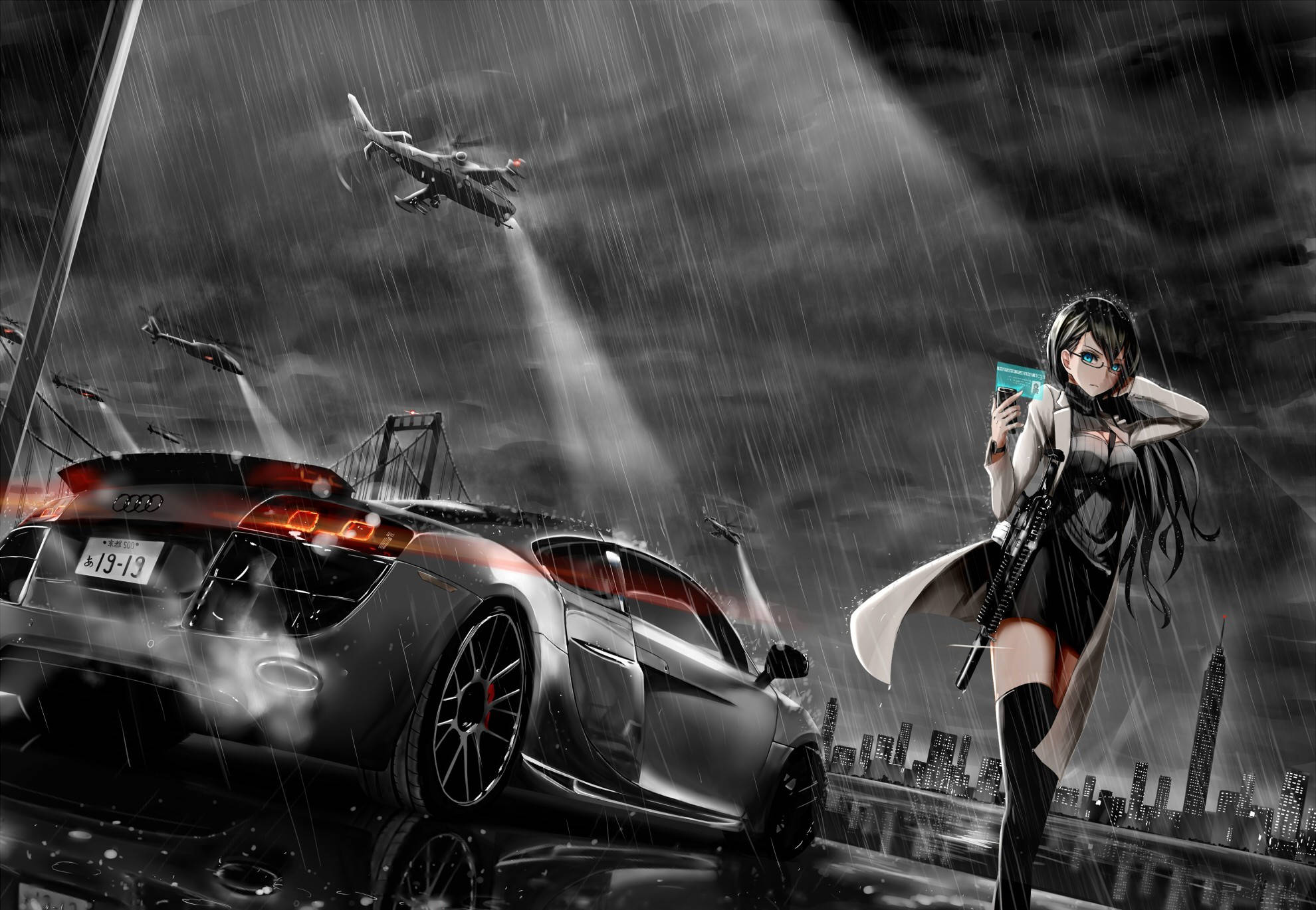 Armed Girl And Audi Car Anime, anime girl, rifle, Full HD Desktop Wallpaper