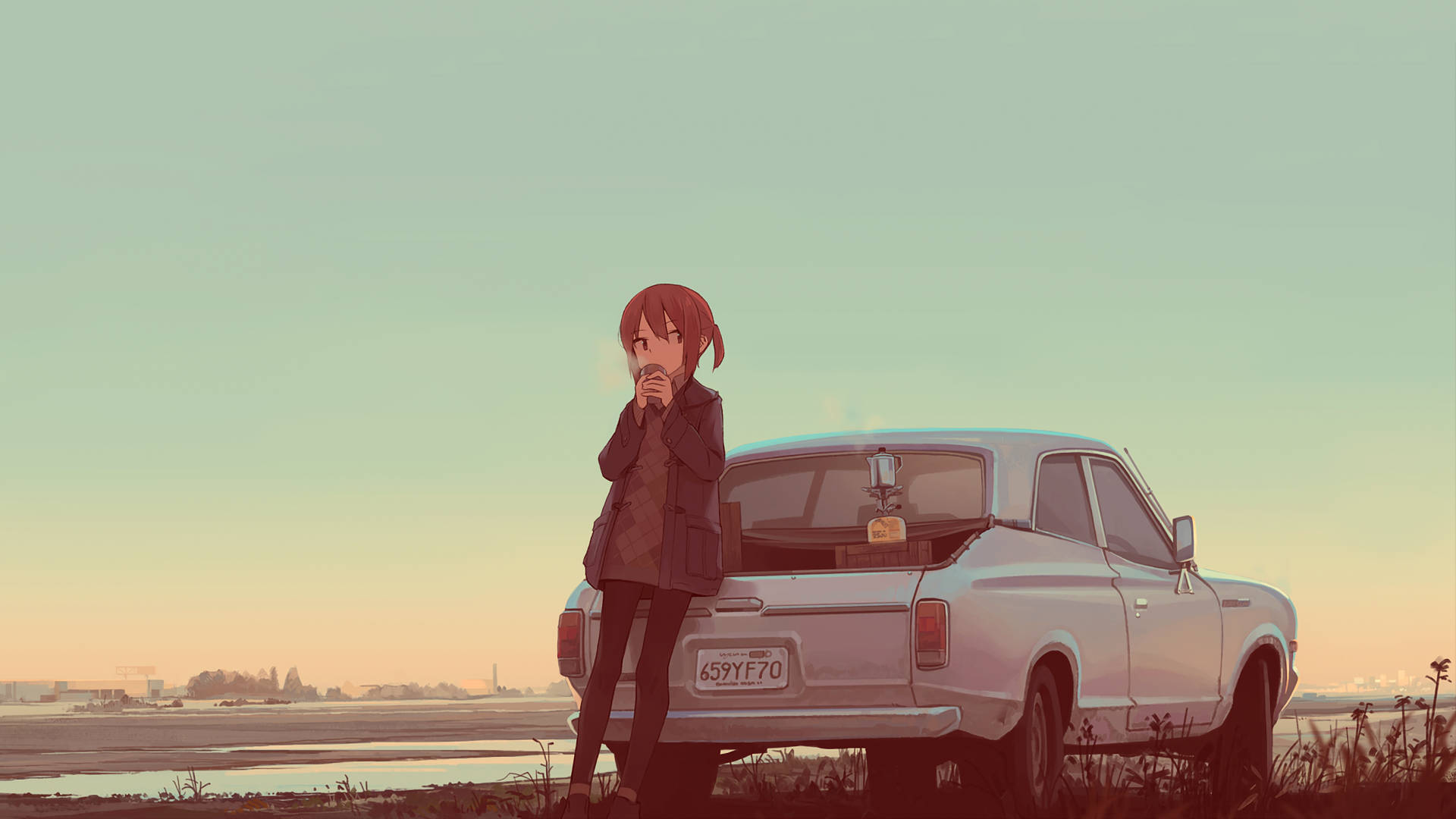 red-haired anime girl, vintage white car, sunset, Full HD Desktop Wallpaper