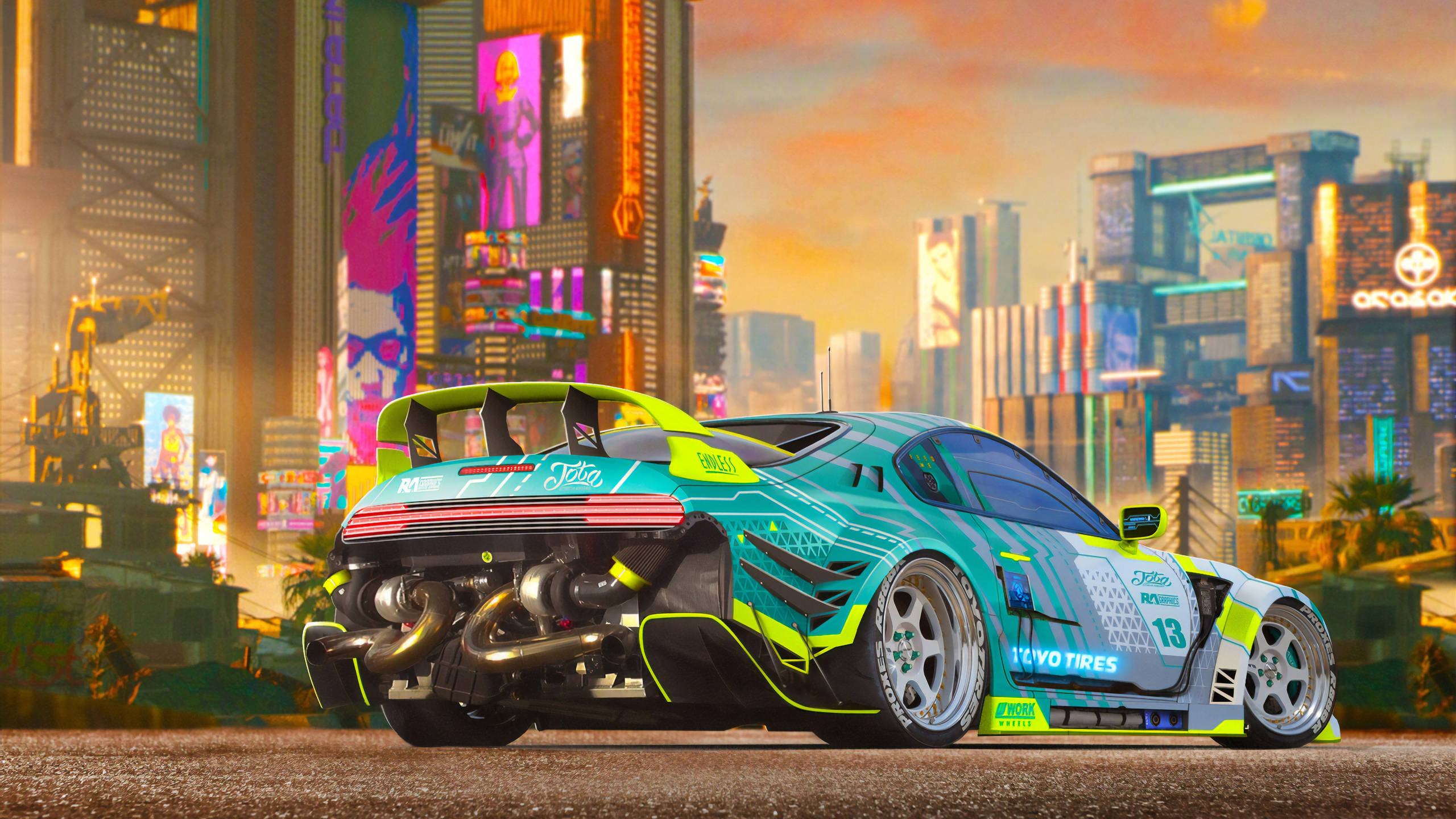 neon-lit, futuristic sports car, exposed exhausts, 2K Desktop Wallpaper