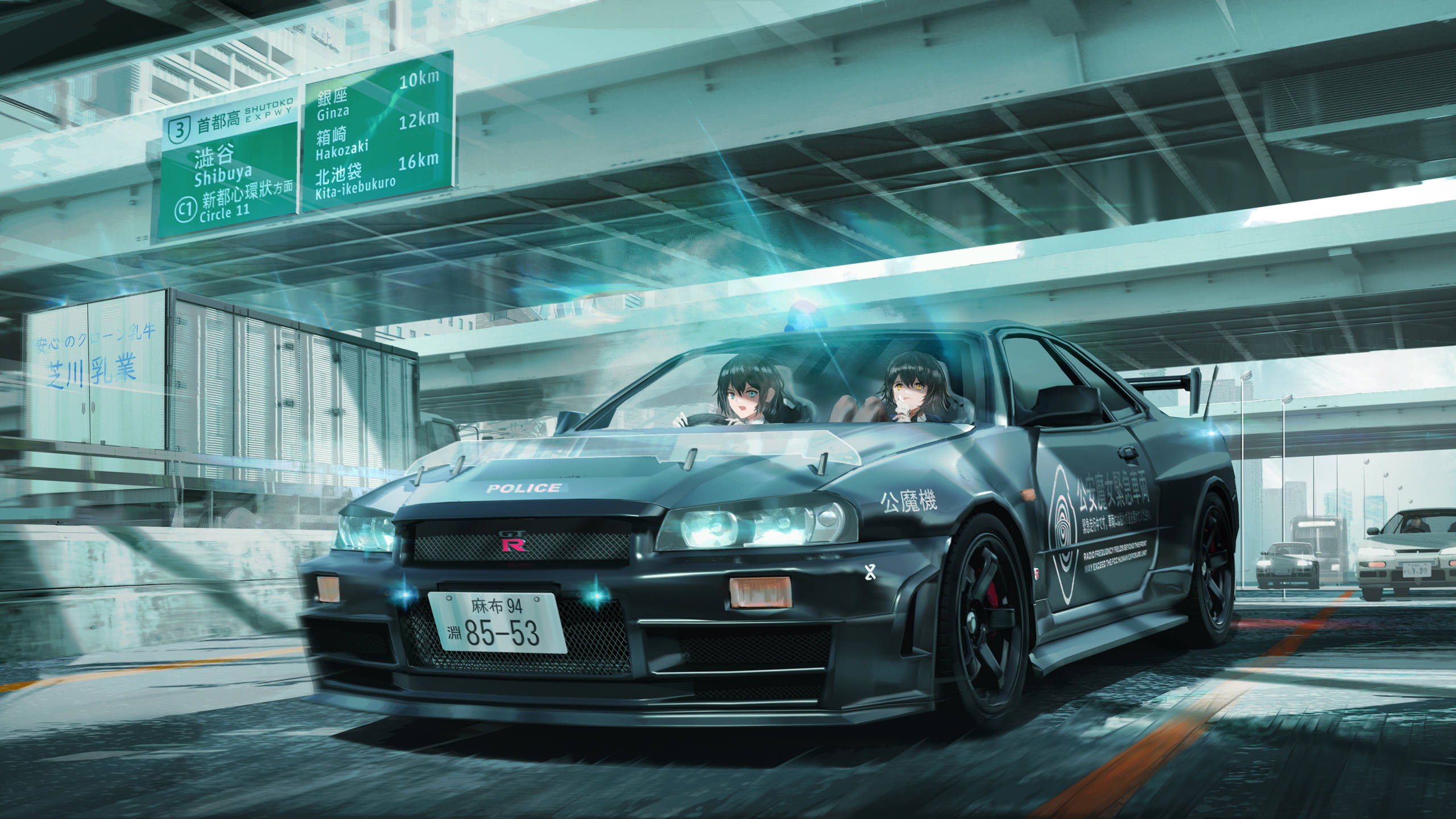 sleek black police sports car, futuristic urban tunnel, glowing blue lights, 2K Desktop Wallpaper