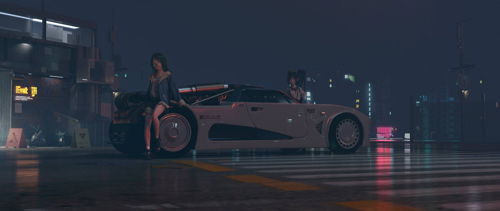 sleek white sports car, neon lights, wet urban street, Full HD Desktop Wallpaper