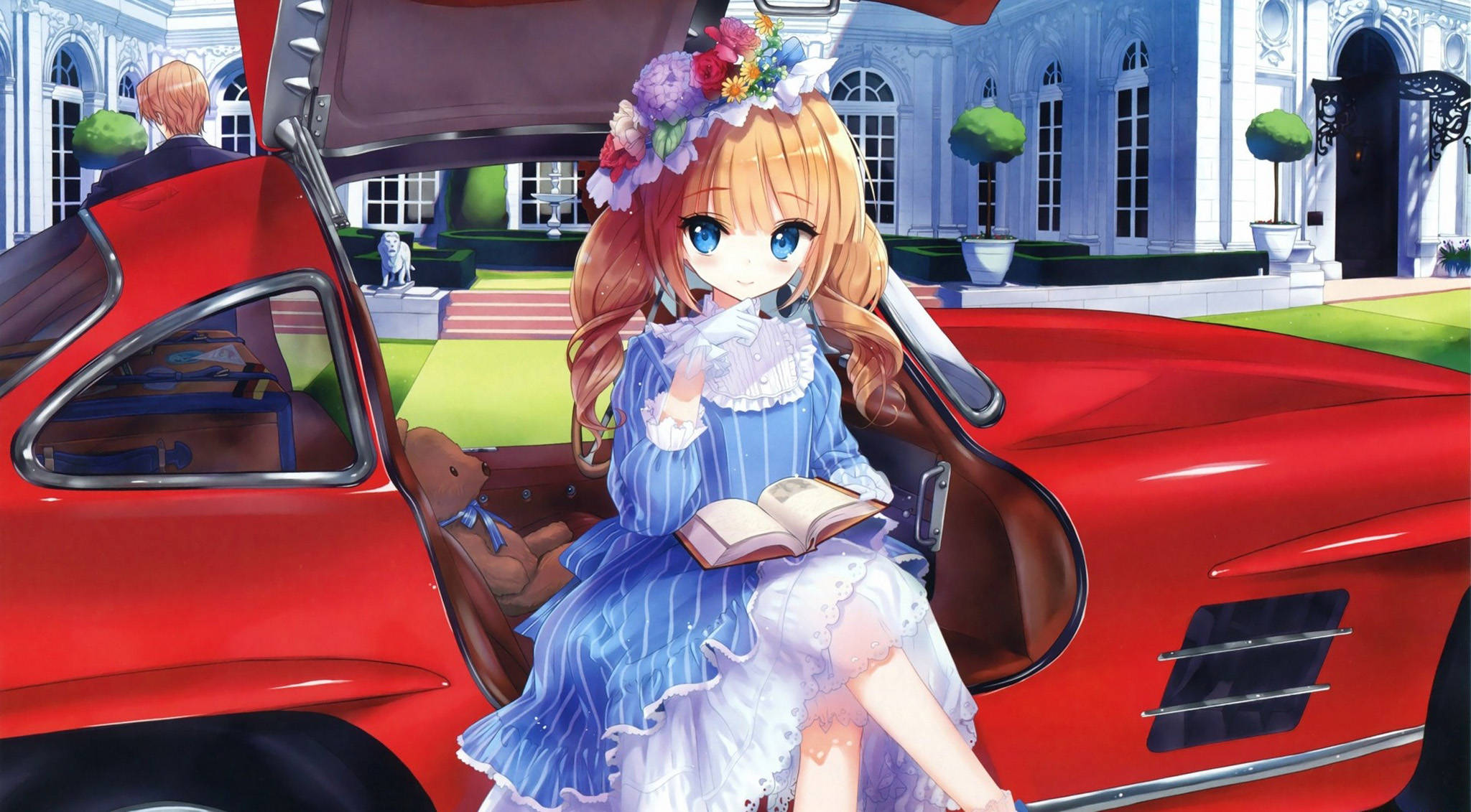 red vintage sports car, anime girl, blue dress, Full HD Desktop Wallpaper
